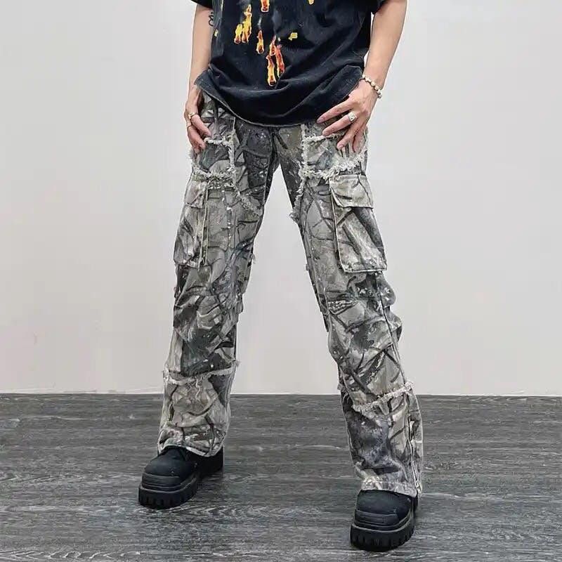 image of Camo Embroidered Wide Leg Pants, Men's (Size 32)