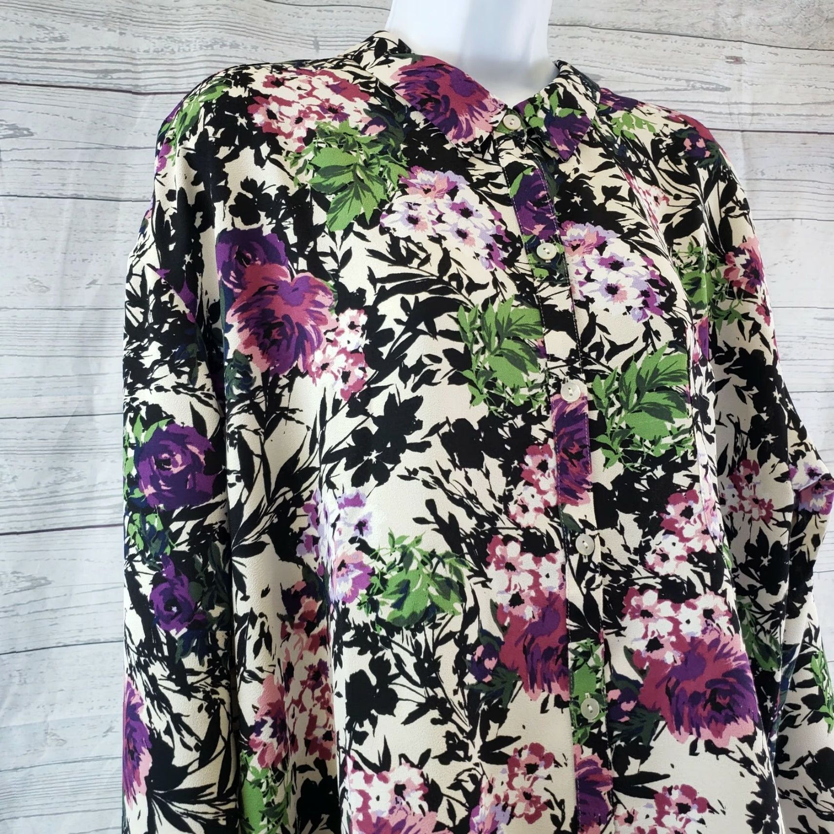 J. Jill J. Jill Blouse Shirt Womens Relaxed Shirttail Floral Black Oatmeal Long Sleeve Large Size L Polyester Mens? Size L / US 10 / IT 46 - 2 Thumbnail