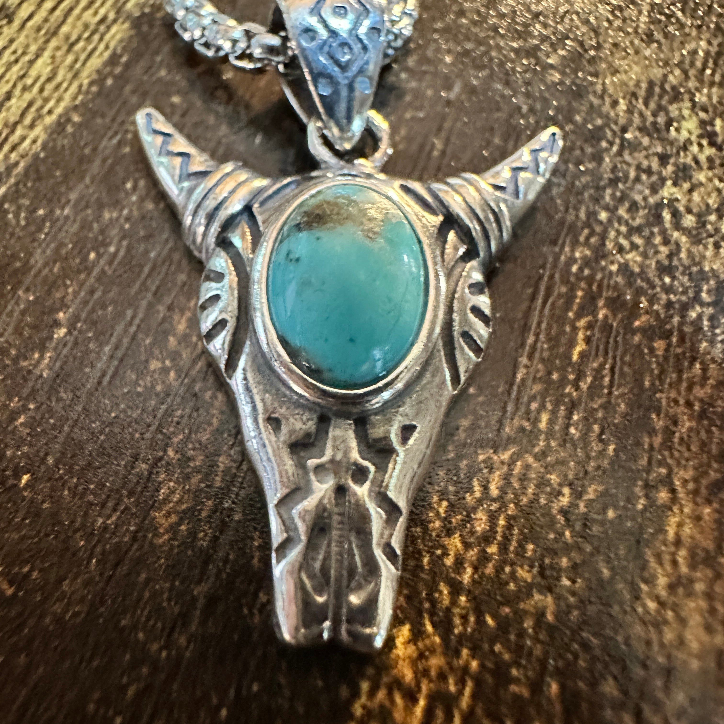 Other Boho Turquoise-Embellished Cow Skull Chain Necklace: 18" Ste Size ONE SIZE - 5 Thumbnail