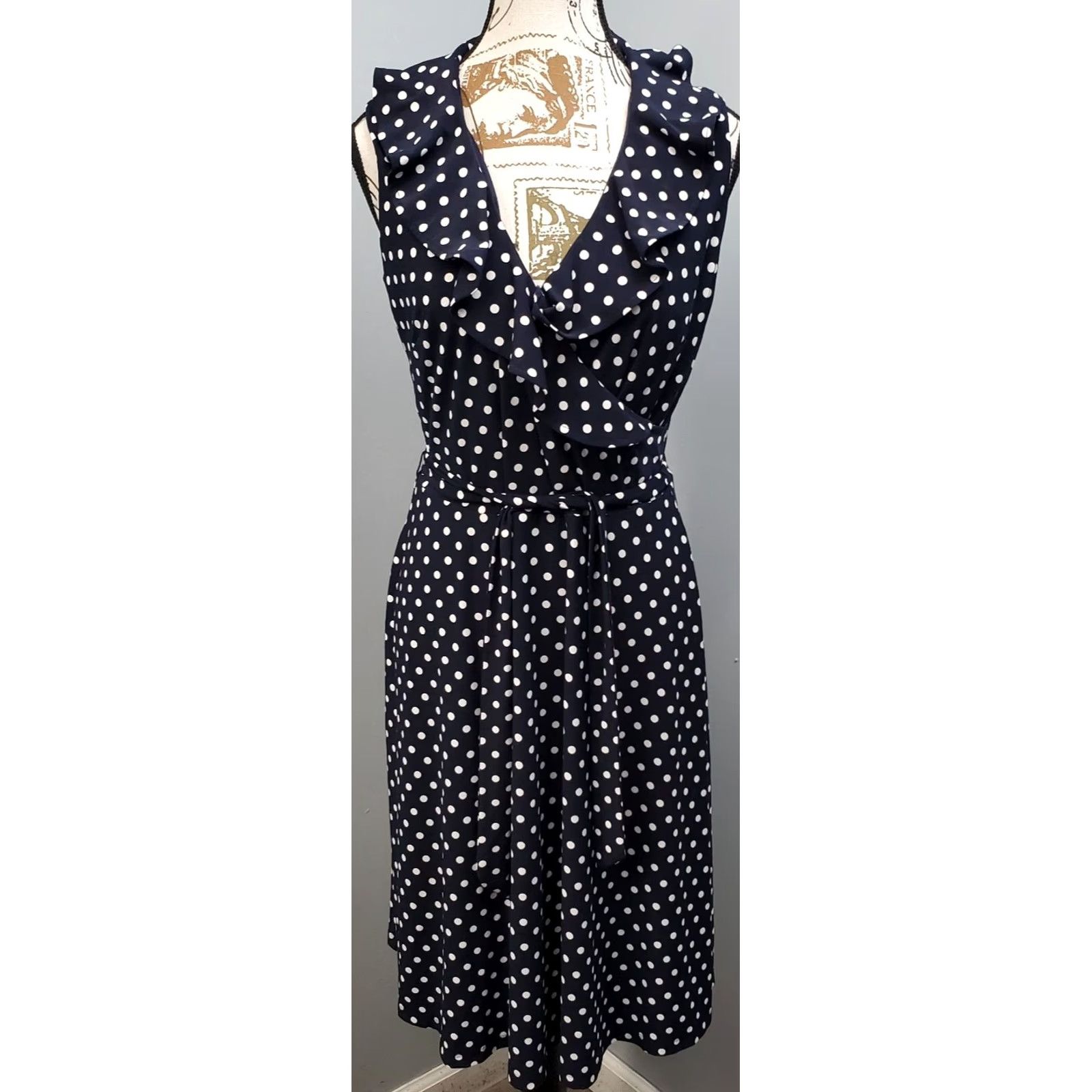 Chaps Chaps Womens Wrap Dress M Blue White Polka Dot Belted Ruffled V-Neck Sleeveless Size M / US 6-8 / IT 42-44 - 2 Thumbnail