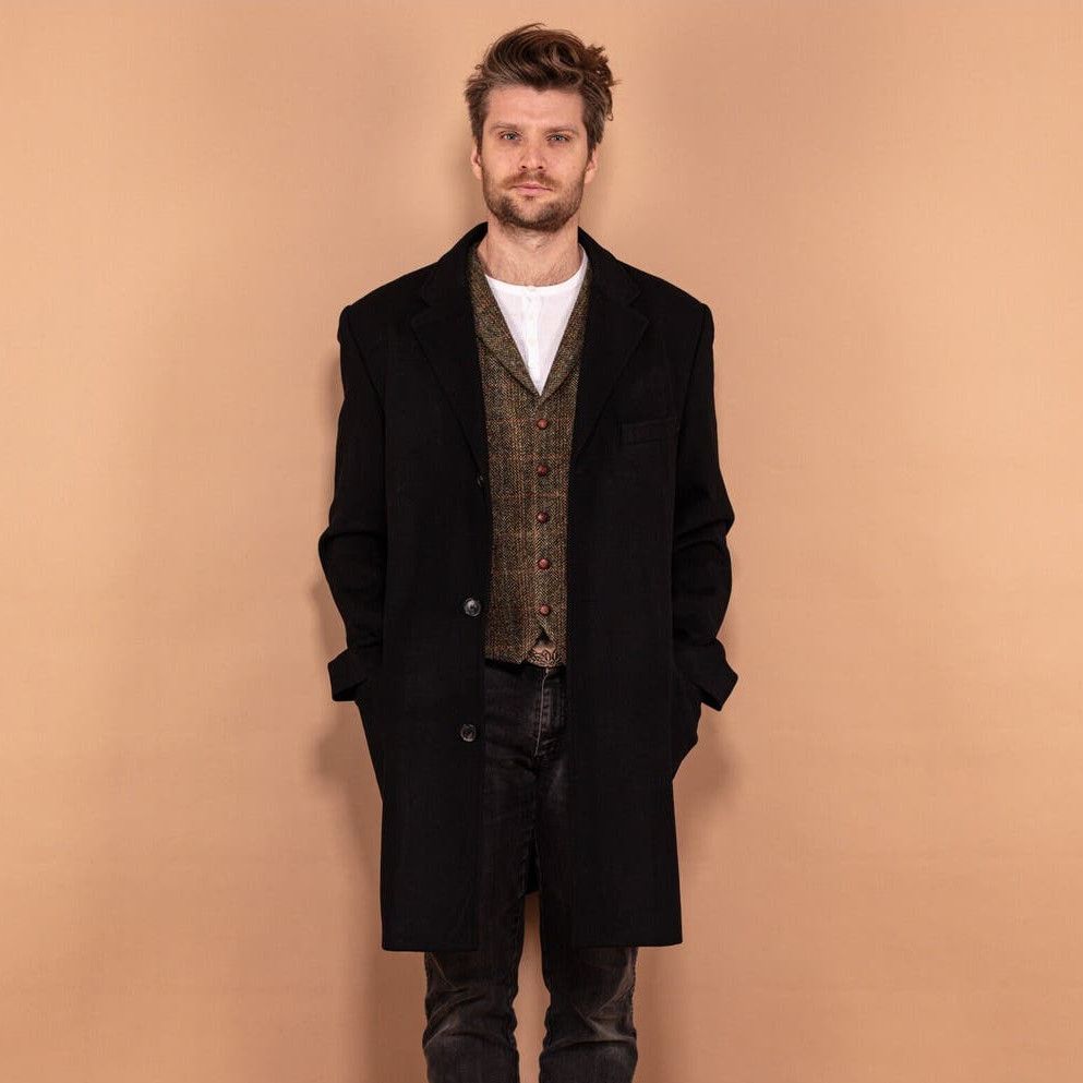 image of Vintage 90's Men Wool And Cashmere Coat In Black (Size Large)