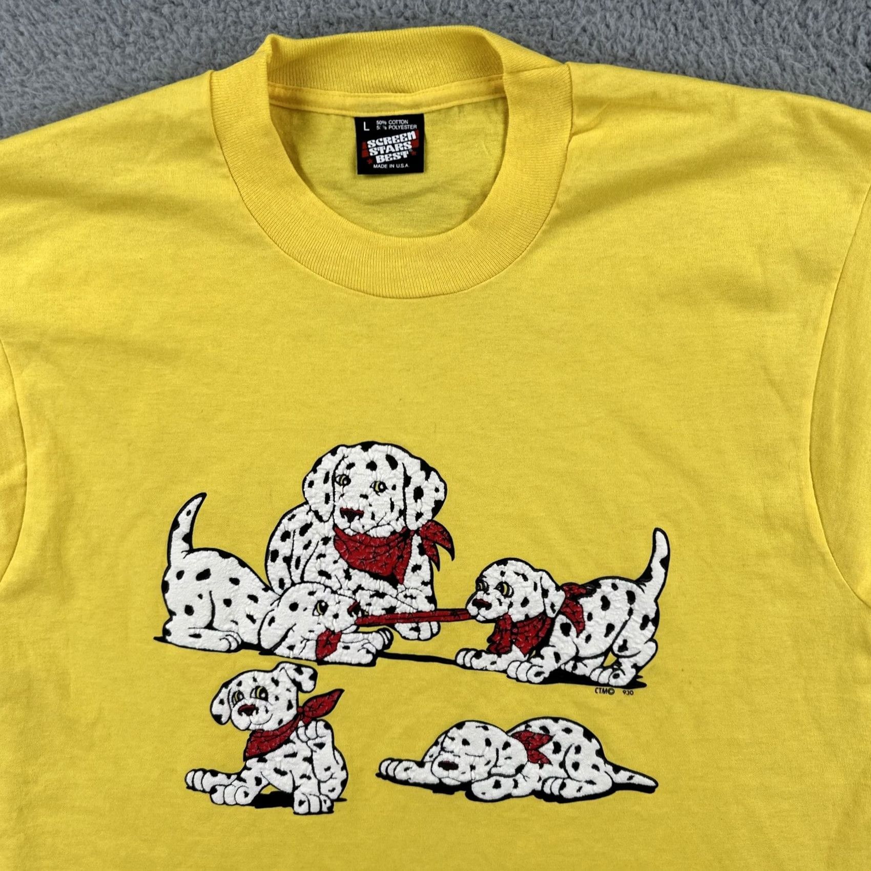 Vintage Vtg Screen Stars Best T-Shirt Yellow Dalmatian Puffy Print USA Made Crew Neck L Short Sleeve Men’s Size L Size US L / EU 52-54 / 3 - 4 Thumbnail