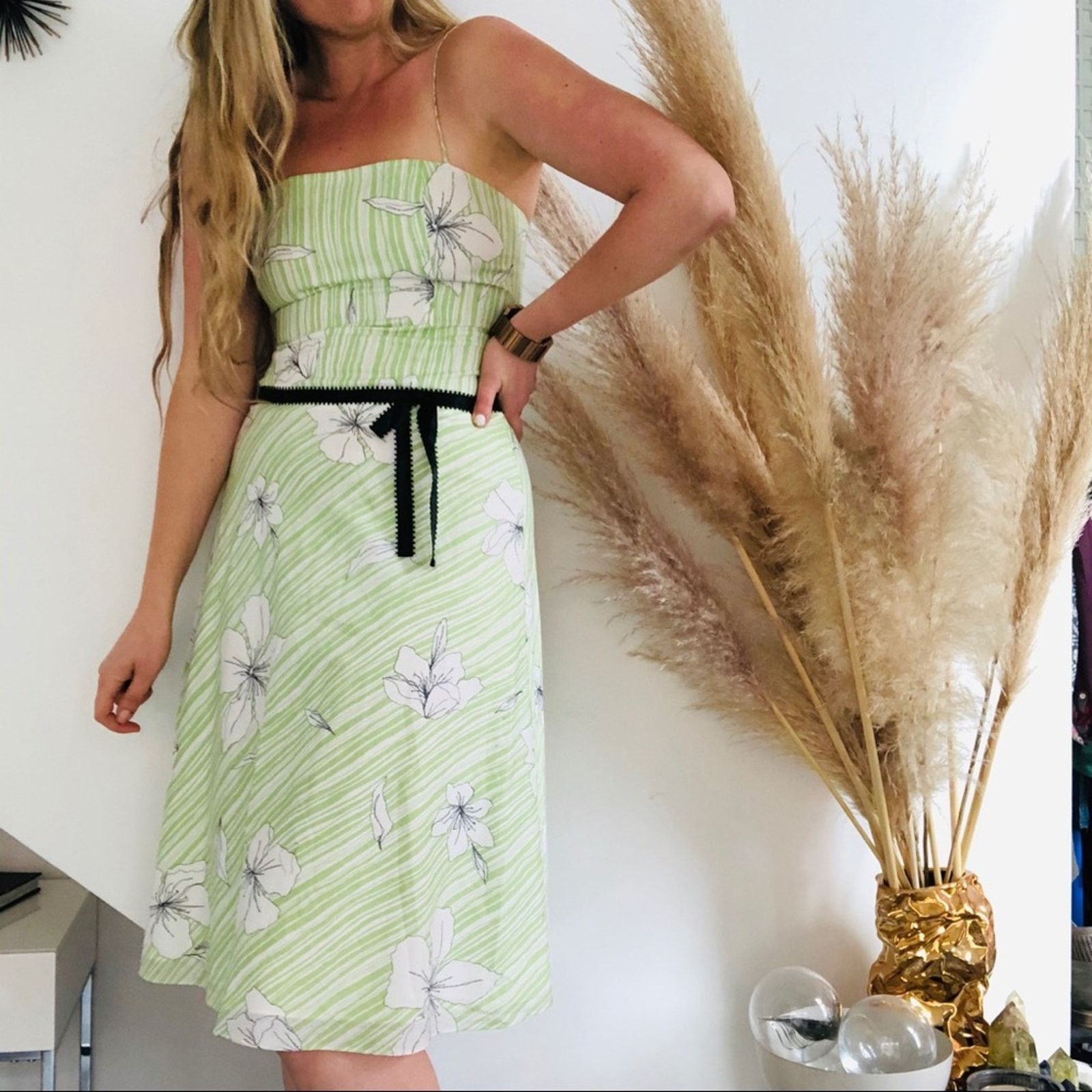 Vintage VINTAGE WANG Green White Striped Floral Tank Black Dress Size M / US 6-8 / IT 42-44 - 5 Thumbnail