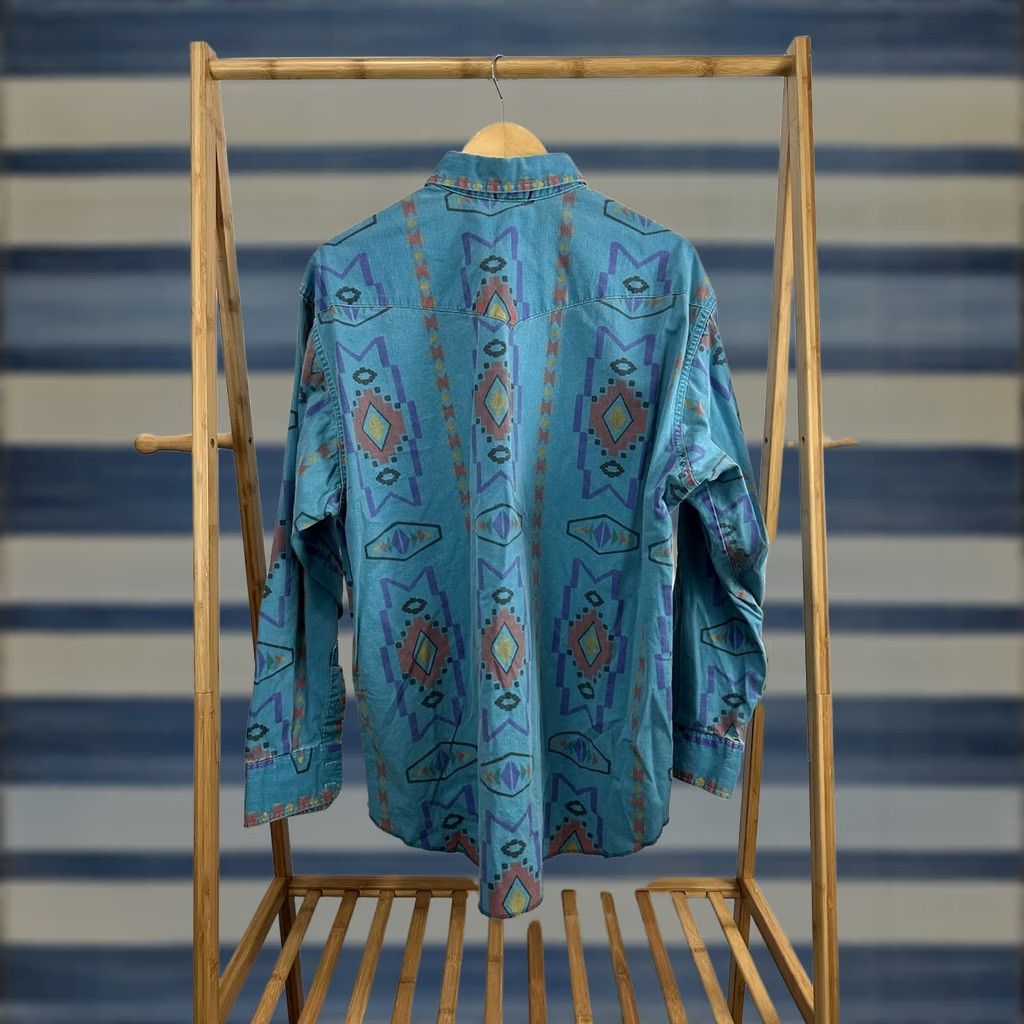 Wrangler VTG Wrangler Brushpopper Western Shirt XL Teal Multicolor Geometric Pattern Button-Up Mens 90s Aztec Navajo Tails Size US XL / EU 56 / 4 - 1 Thumbnail