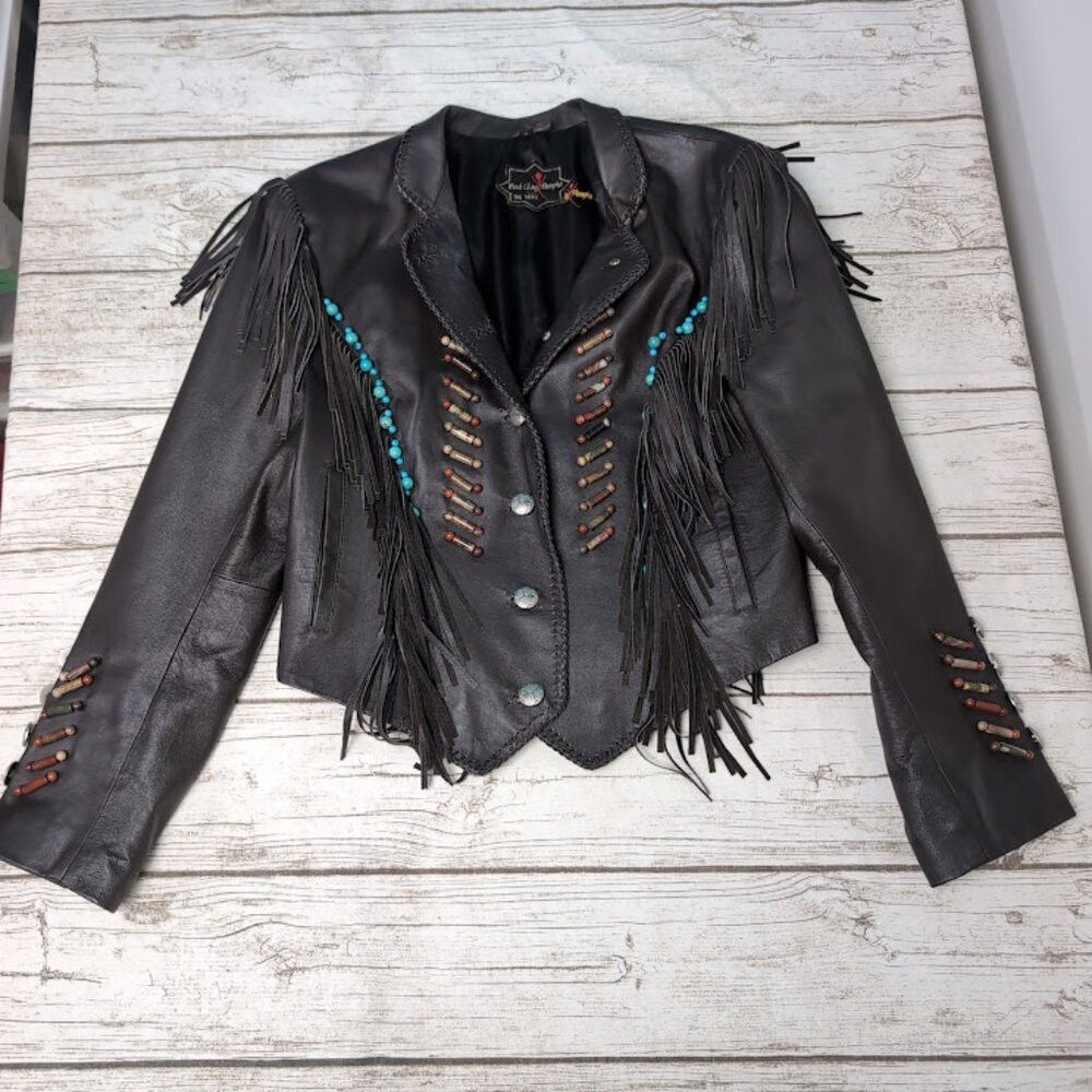 Vintage Red Clay People Black Leather Fringe and Bead Jacke