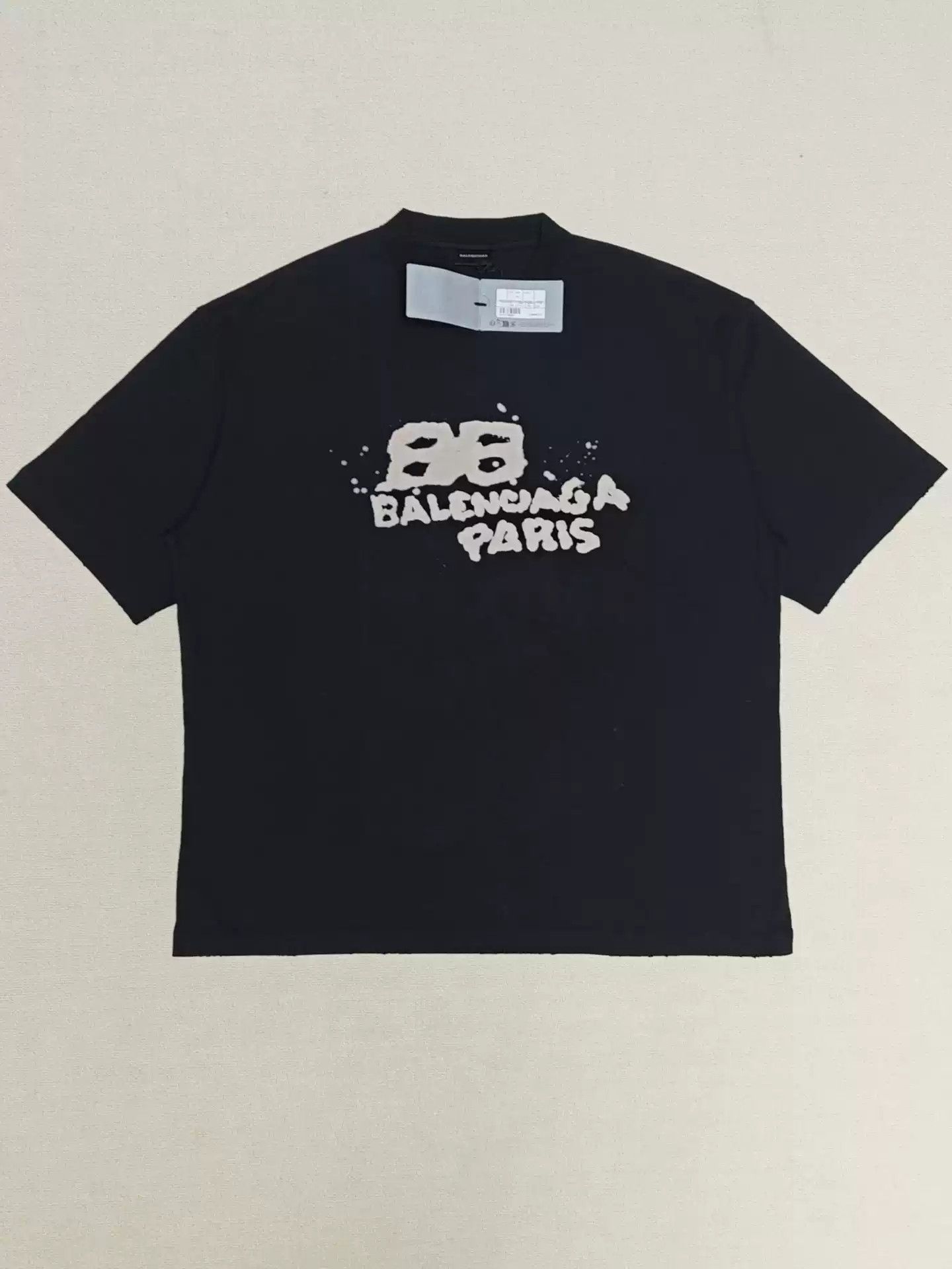 image of Balenciaga Ss23 Graffiti Speckled Double B Letter Printing Washed Worn Damaged Short Sleeved T-Shir