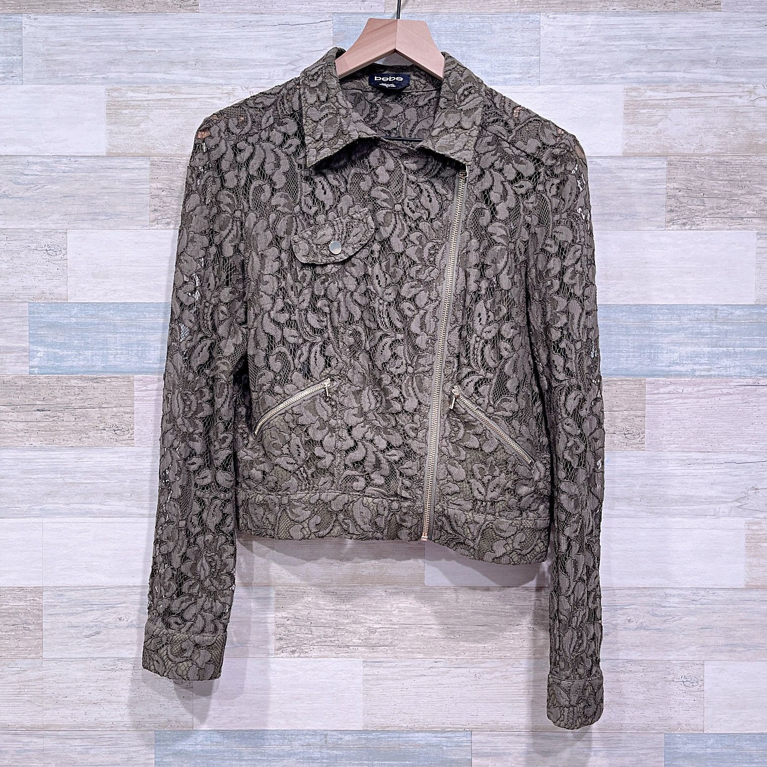 Bebe Bebe Floral Lace Moto Jacket Green Womens 10 Size L / US 10 / IT 46 - 2 Thumbnail
