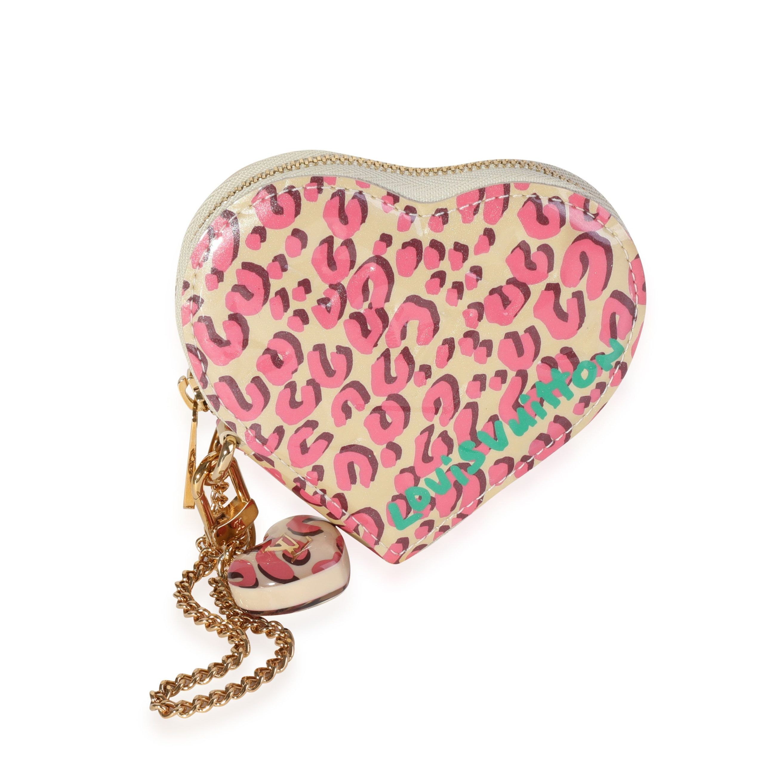 image of Louis Vuitton X Stephen Sprouse Blanc Corail Leopard Vernis Heart Coin Purse in Red, Women's