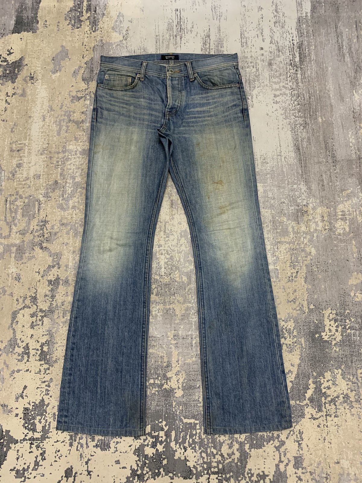 image of 14Th Addiction x Burberry Distressed Burberry Mini Flare Jeans 31X31.5 in Blue, Men's