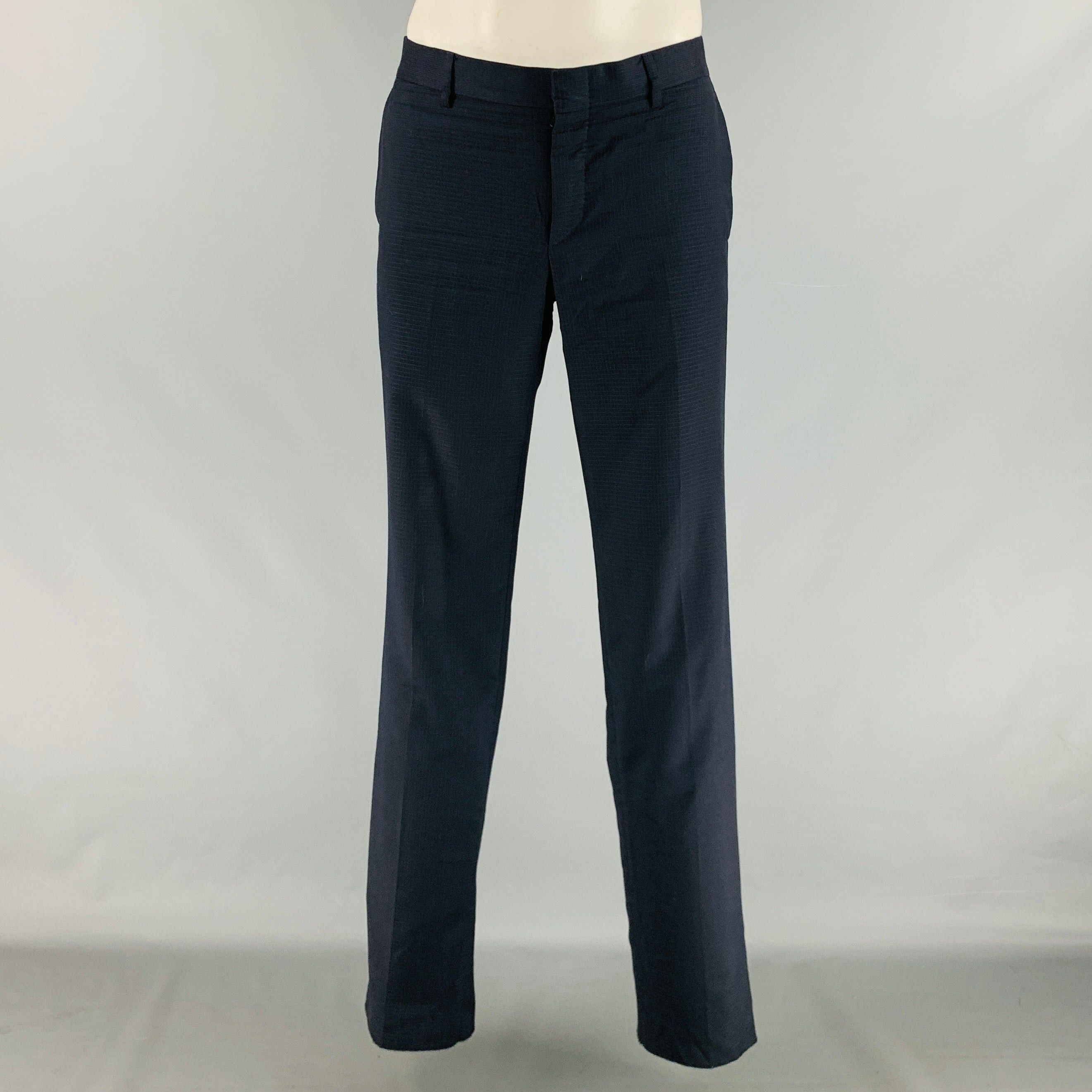 image of Gucci Navy Textured Wool Flat Front Casual Pants, Men's (Size 34)