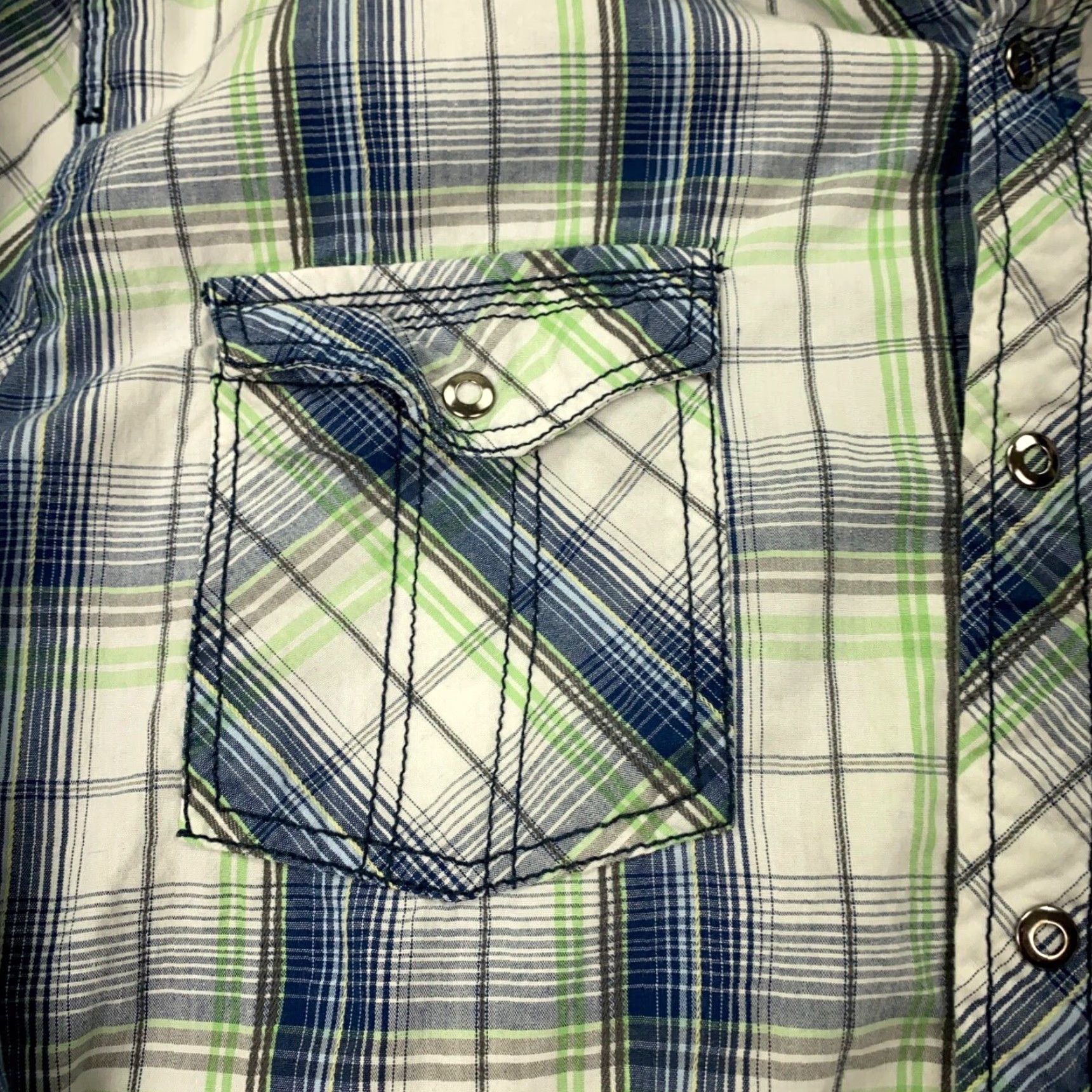 Vintage Skully Mens Shirt Large Blue Green Plaid Snap Pockets Western Roll-Tab Sleeves Size US L / EU 52-54 / 3 - 5 Thumbnail