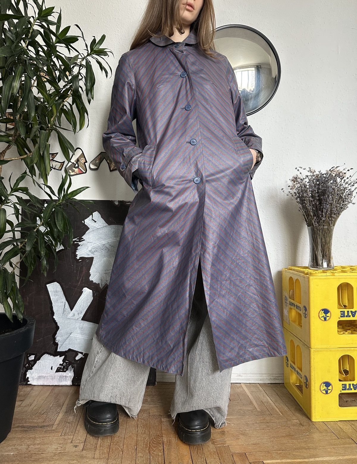 Japanese Brand × Vintage Striped Waterproof Rain Trench Hooded Coat 80s Size XS / US 0-2 / IT 36-38 - 3 Thumbnail