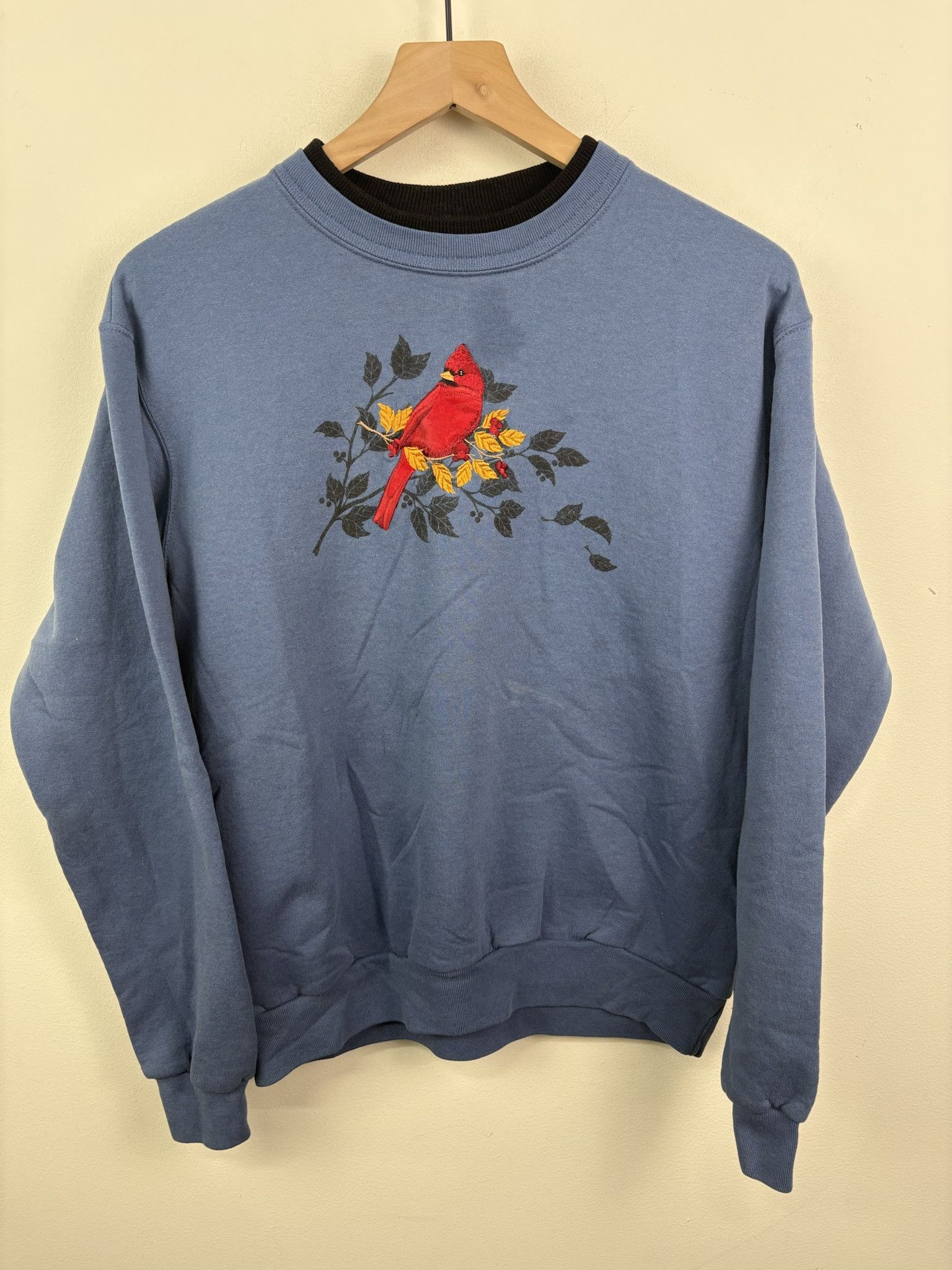 Vintage 90's Top Stitch Embroidered Cardinal Nature Design Pullover Double Layer Crewneck Size M