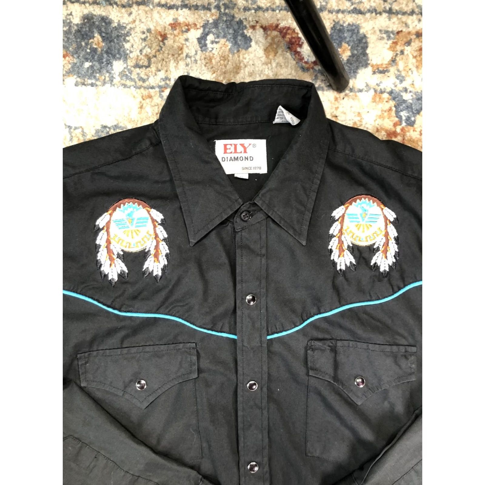 Vintage Ely Diamond Shirt Mens Large Black Western Pearl Snap Long Sleeve Thunderbird Size US L / EU 52-54 / 3 - 5 Thumbnail