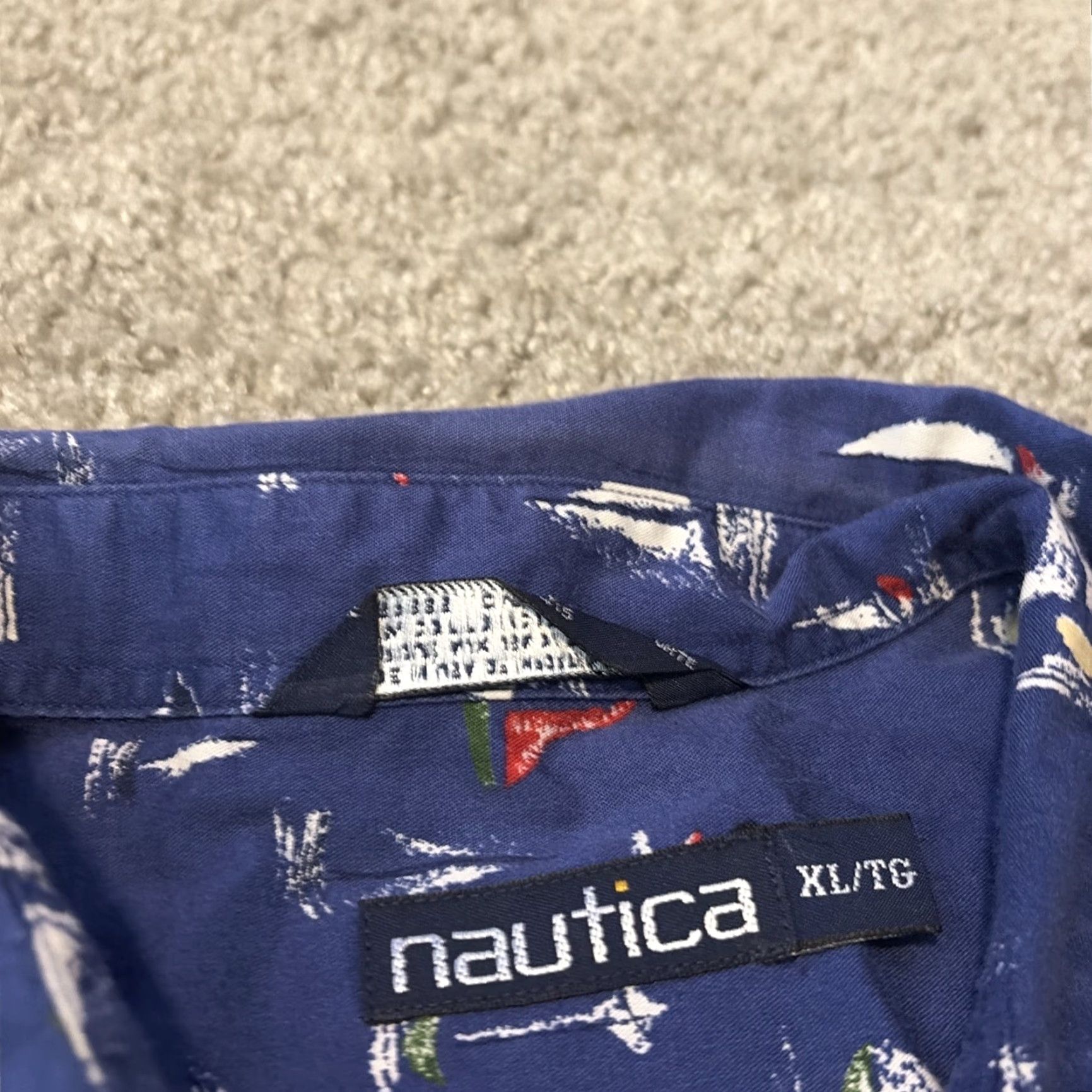 Nautica VINTAGE Nautica Sailboat All Over Print Button Up Shirt Navy Blue XL 90s USA Shirt Mens Short Sleeve Regular Size US XL / EU 56 / 4 - 6 Thumbnail