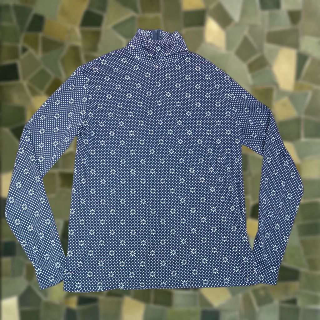 Vintage VINTAGE 70s Navy Blue White Polka Dot Floral Stretchy Turtleneck Top M Women Long Sleeve Shirt Size M / US 6-8 / IT 42-44 - 1 Thumbnail
