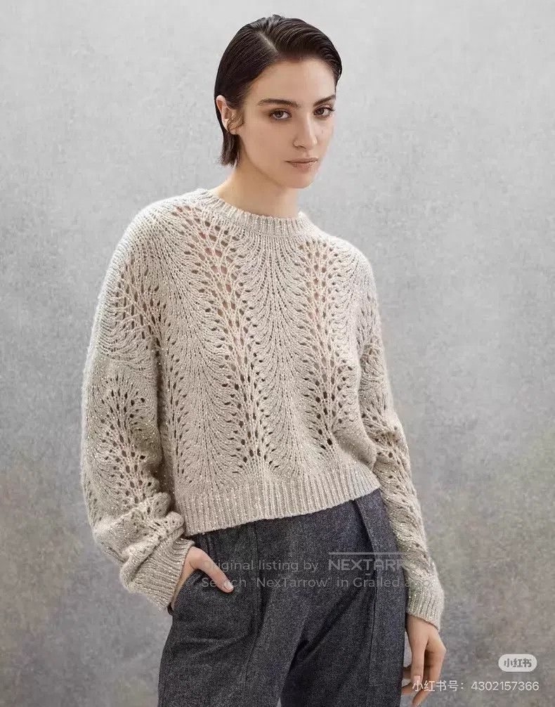 Brunello Cucinelli Brunello Cucinelli Oatmeal Cashmere Openwork Sweater with Size L / US 10 / IT 46 - 5 Thumbnail