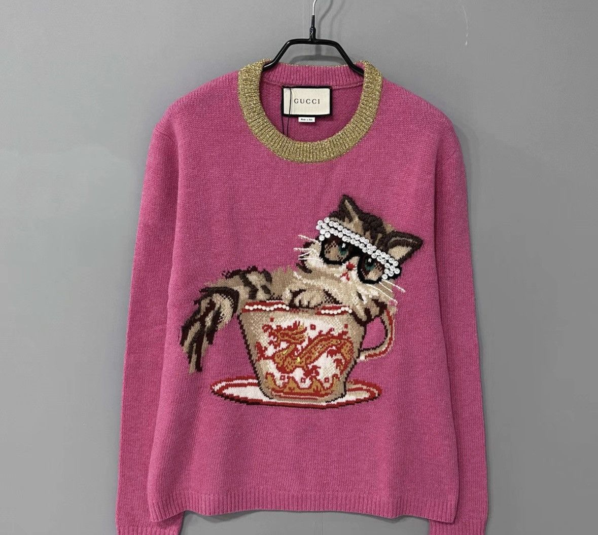 Gucci Pink Cat Embroidered Wool Long Sleeve Sweater-2505 Size S / US 4 / IT 40 - 1 Thumbnail