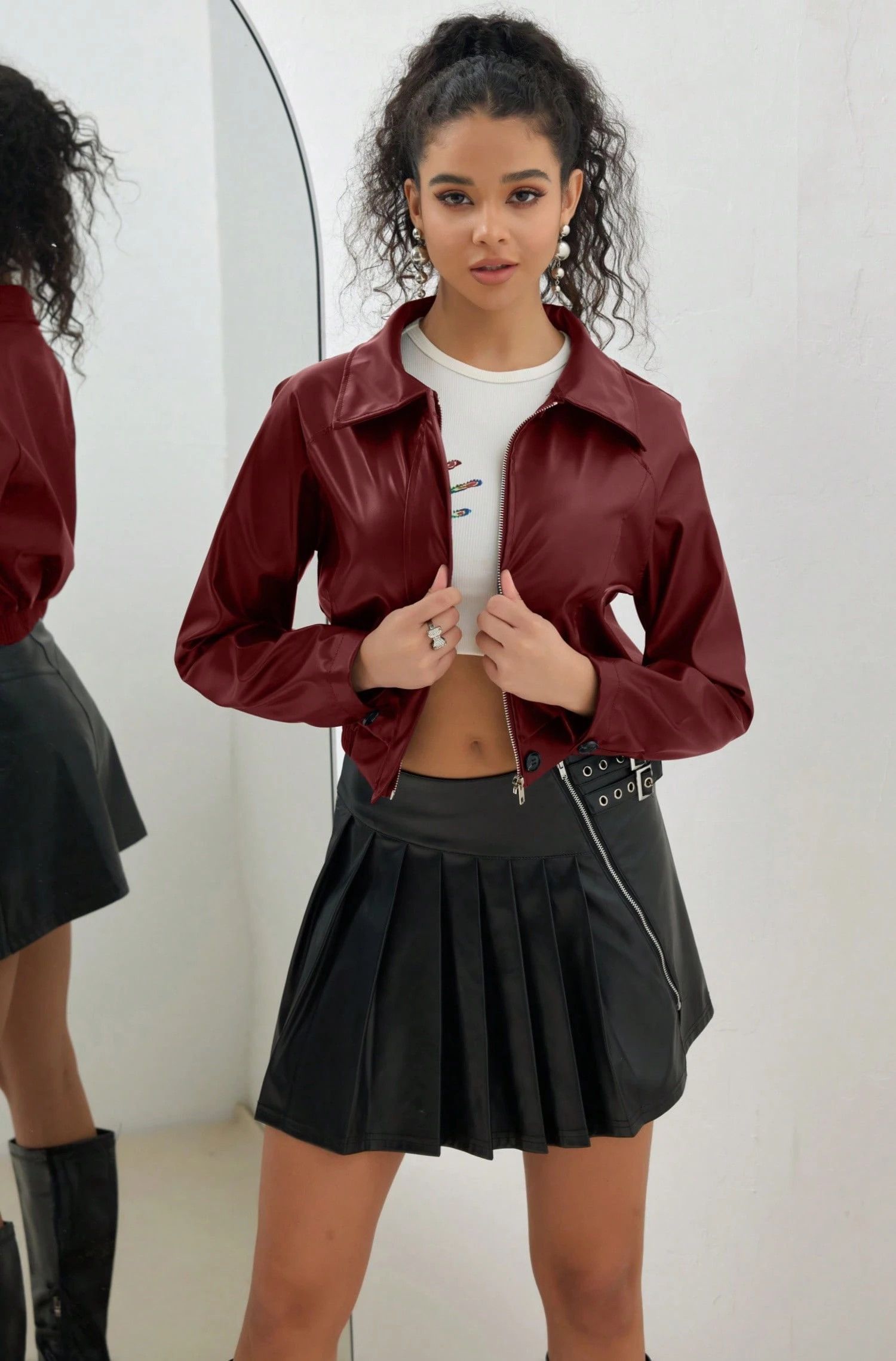 Other Women’s Burgundy Faux Leather Cropped Jacket Size M / US 6-8 / IT 42-44 - 1 Thumbnail