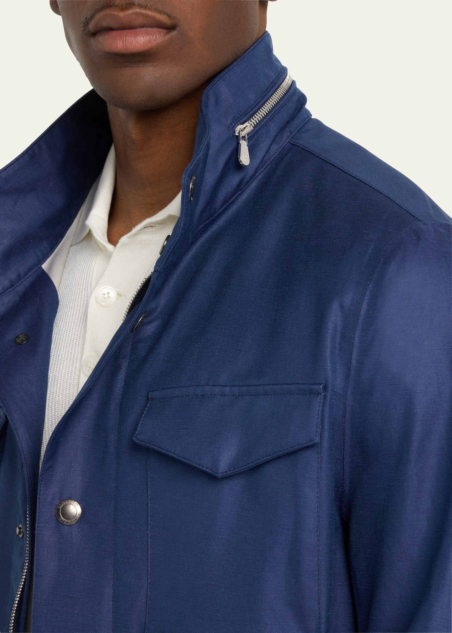 Brunello Cucinelli o1w1db10725 Linen Silk Concealed Zip Safari Jacket in Blue Size US L / EU 52-54 / 3 - 5 Thumbnail