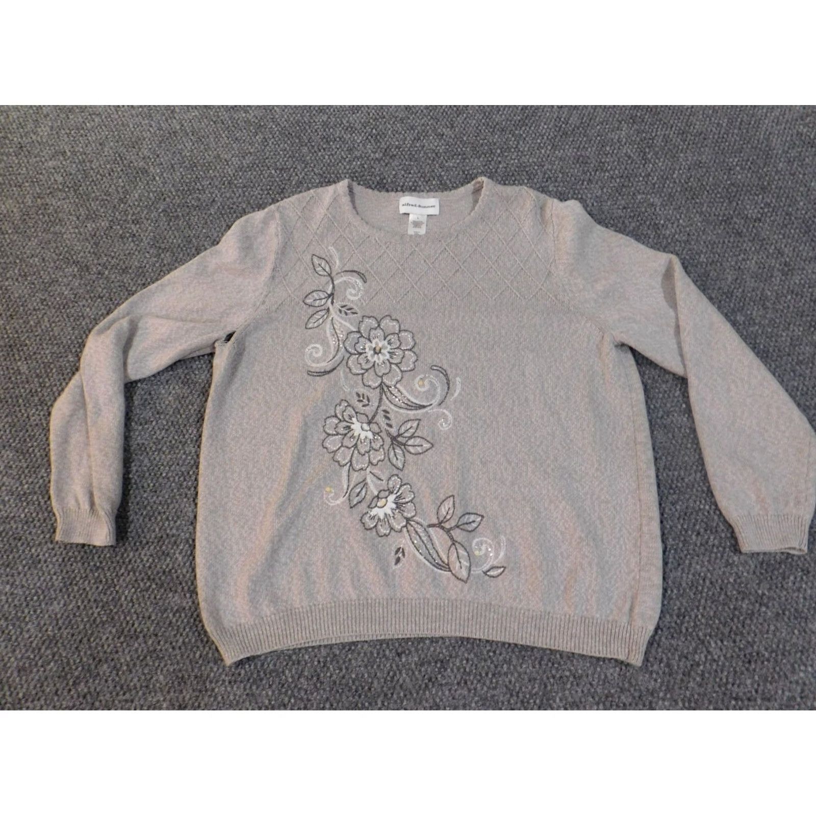 Vintage Alfred Dunner Sweater Womens Pullover Crew Neck L Gray Floral Embroidered Knit Cotton Acrylic Raglan Sleeve Modern Vintage: No, Regular Fit Size L / US 10 / IT 46 - 4 Thumbnail