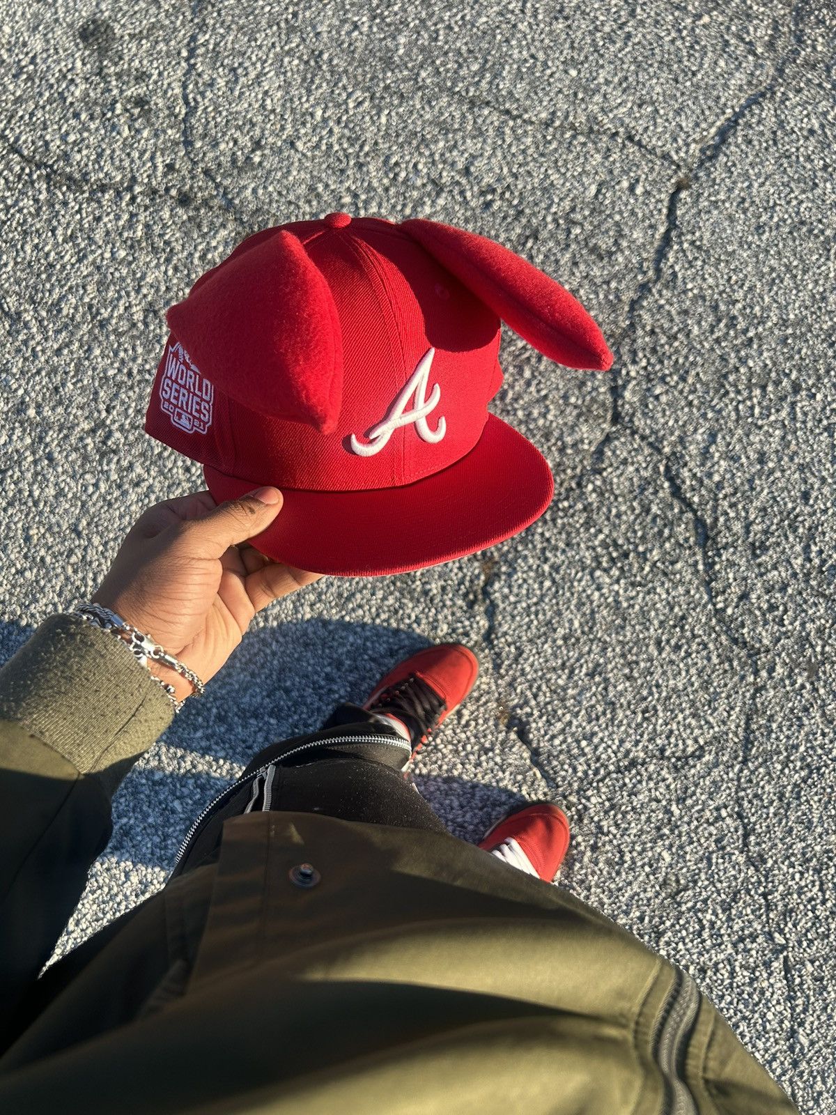 Red New Era Atlanta Braves fitted hat with Bunny Ears