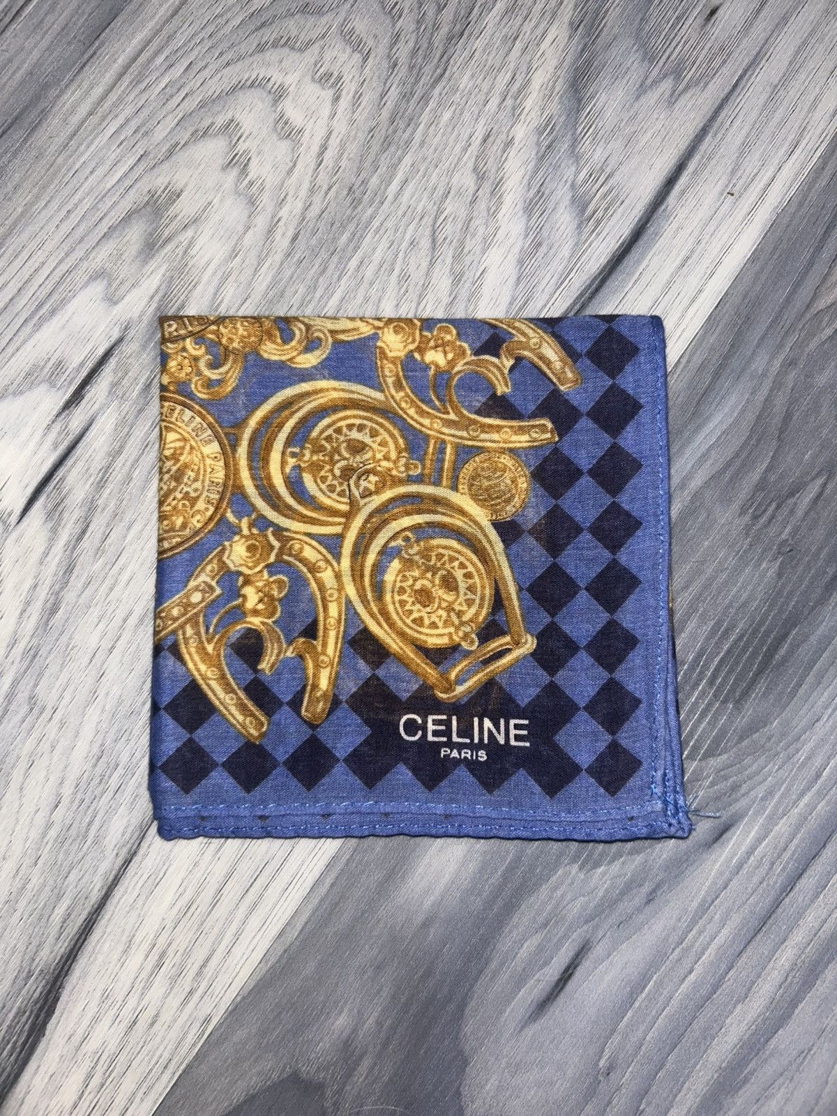 Celine Vintage Celine Blue Cotton Handkerchief with Gold Design Size ONE SIZE - 2 Thumbnail