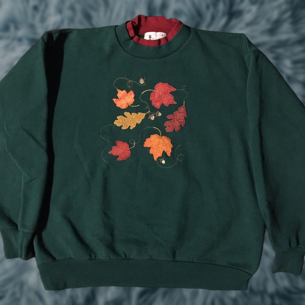 Vintage VINTAGE 90s Embroidered Leaves Sweatshirt M Nature Wildlife Art Vaporwave 80s USA Size US M / EU 48-50 / 2 - 1 Thumbnail