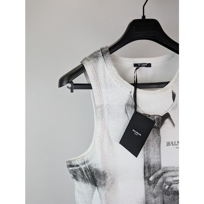 Balmain o1rshd1 Ribbed Tie Print Tank Top in White Size US XL / EU 56 / 4 - 6 Thumbnail