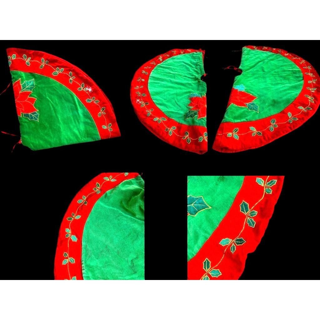 Vintage VTG Poinsettia Christmas Tree Skirt Red Green Holly Embroide Size ONE SIZE - 8 Thumbnail