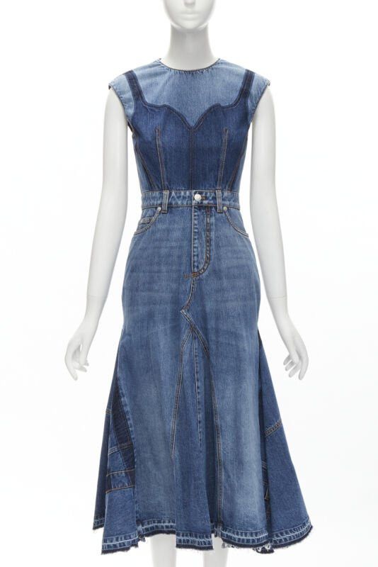 Alexander McQueen ALEXANDER MCQUEEN 2021 Runway washed denim shadow bodice midi dress IT38 XS Size XS / US 0-2 / IT 36-38 - 1 Thumbnail