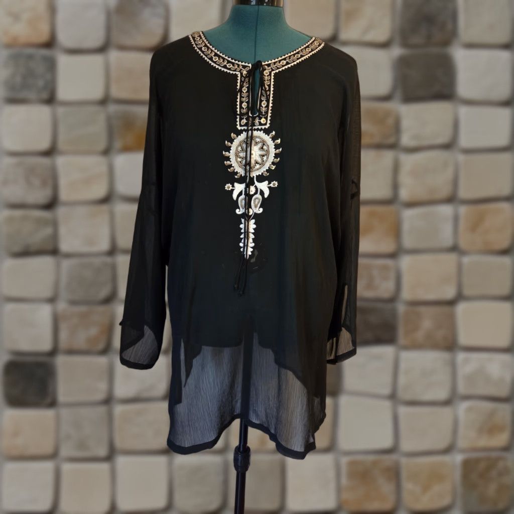 Vintage Nicole's Closet Black Embroidered Beaded Trim Sheer Tunic Top 3X Womens Blouse Hippie Boho Shirt Casual Party/Cocktail Size XXL / US 16-18 / IT 52-54 - 1 Thumbnail