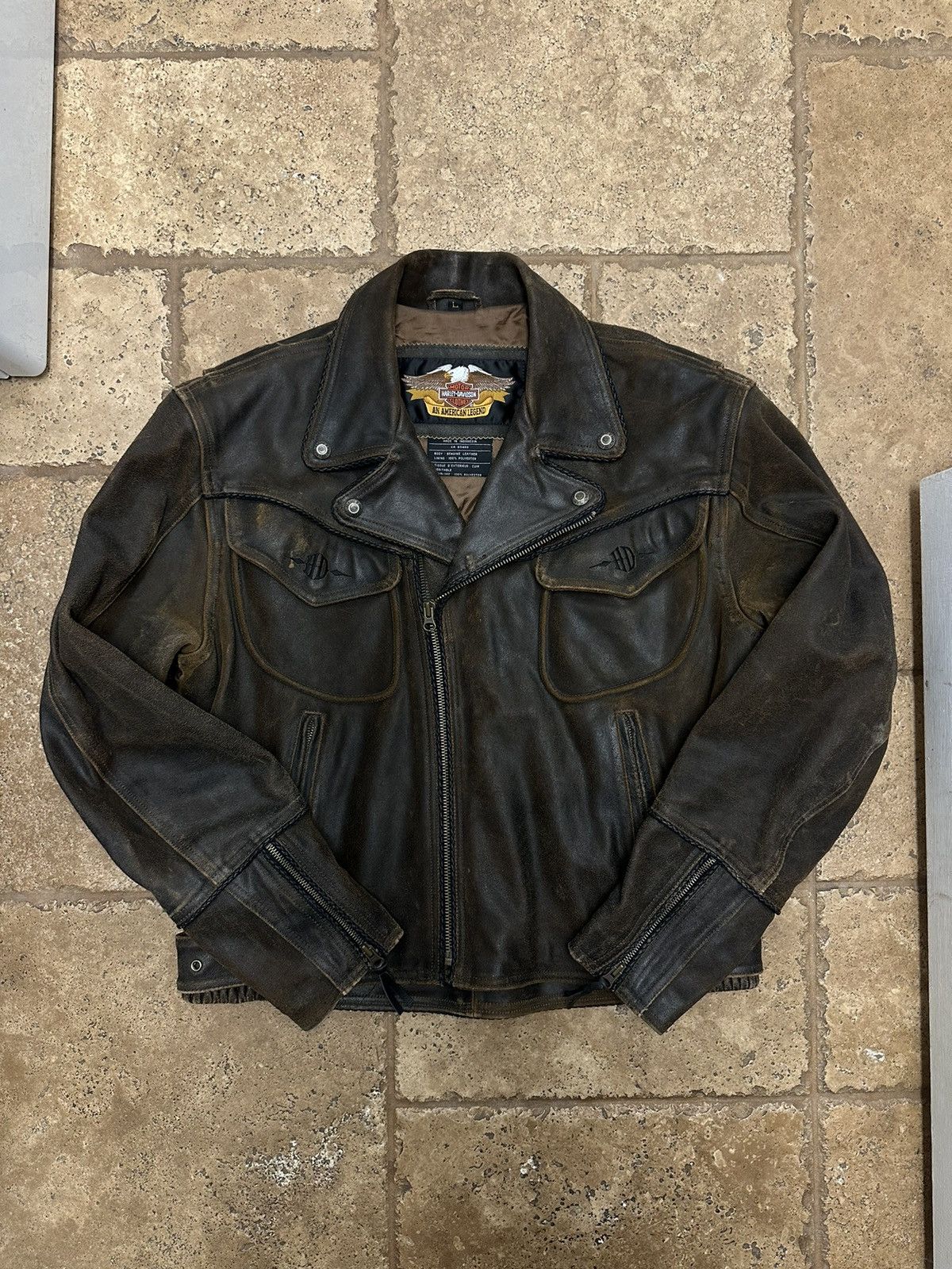 Harley Davidson Billings Distressed Brown Leather Jacket 90s