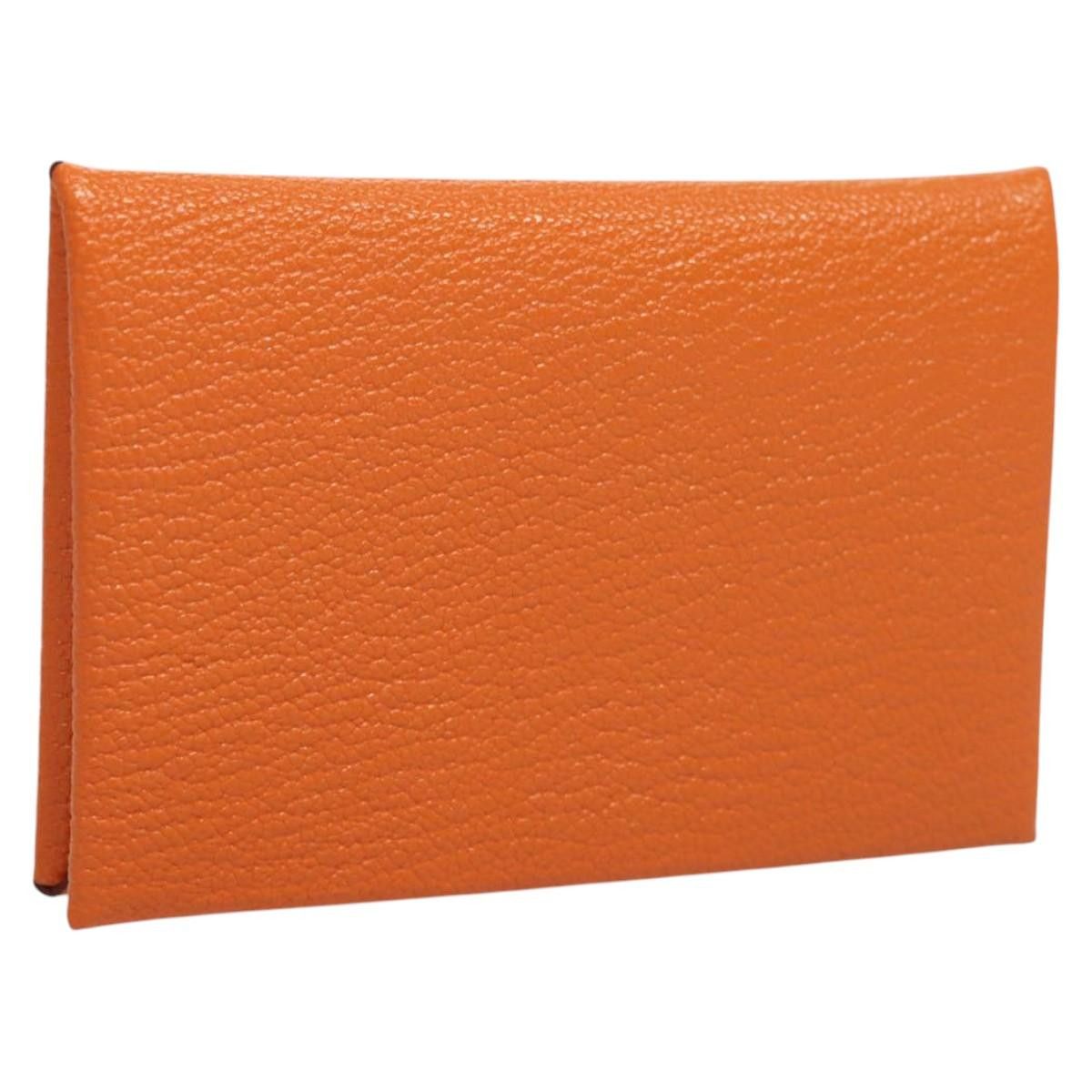 Hermes Calvi Coin Purse Leather Orange Silver Auth 117189Am in Orange/Silver, Women's