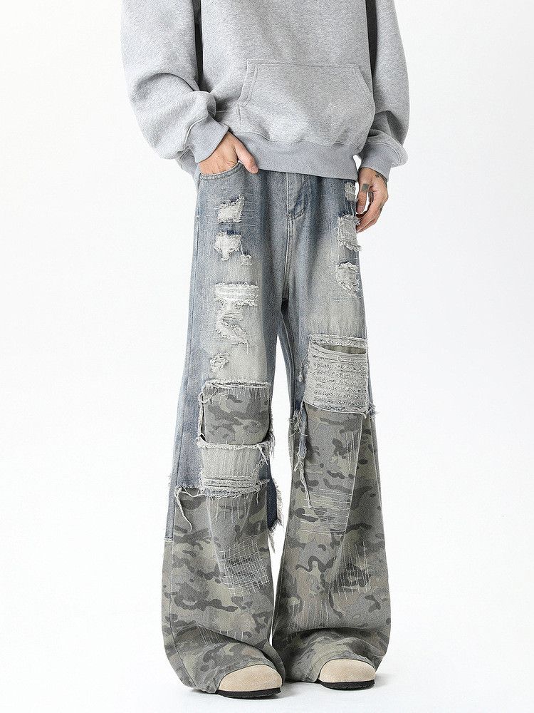 Japanese Brand Street men's loose stitching wide-leg straight ripped jeans Size US 32 / EU 48 - 2 Thumbnail