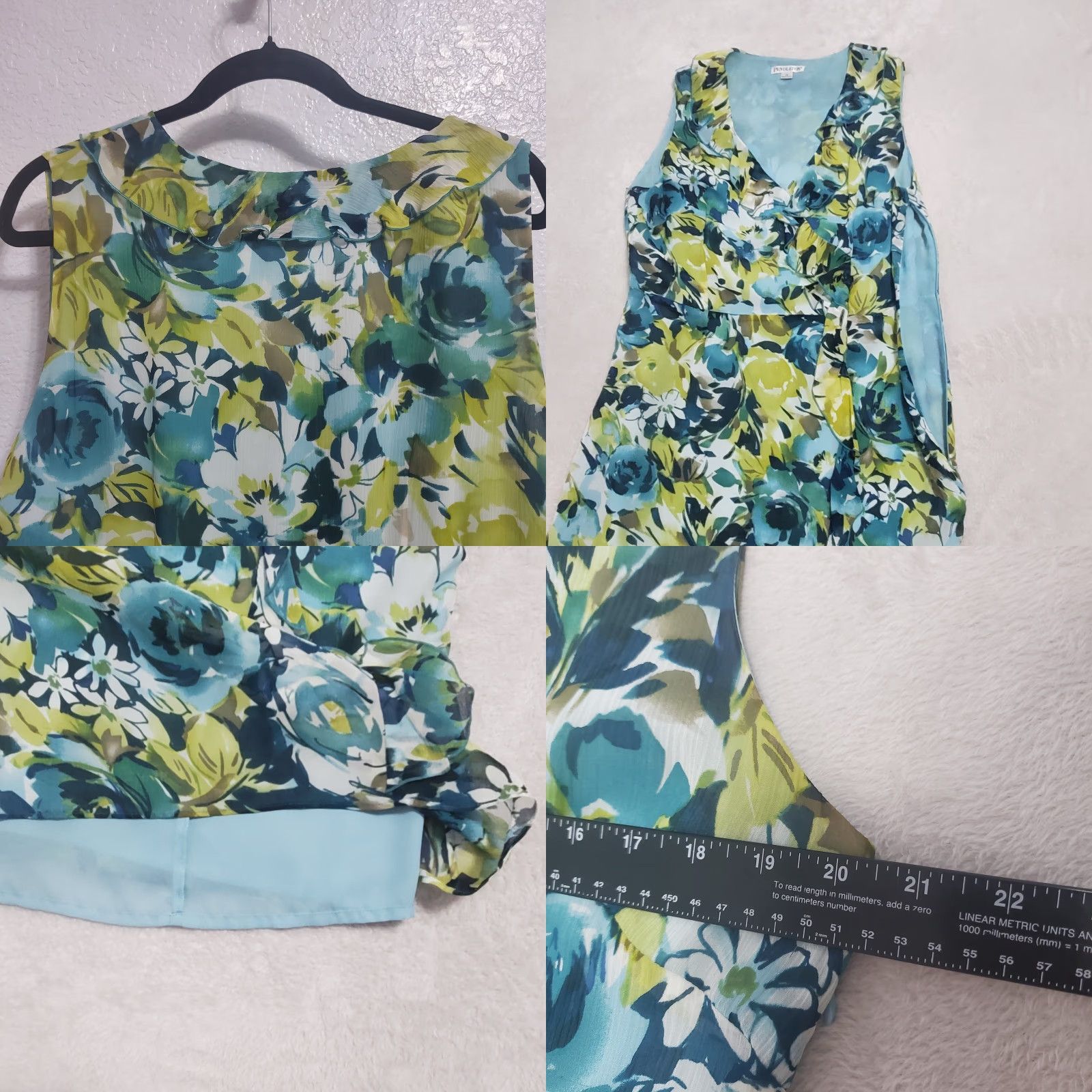 Pendleton VINTAGE Pendleton Dress Women 14 Blue Green Floral Silk Sleeveless Ruffles Lined Knee Length V-Neck Side Zip 100% Silk Womens Size XL / US 12-14 / IT 48-50 - 8 Thumbnail