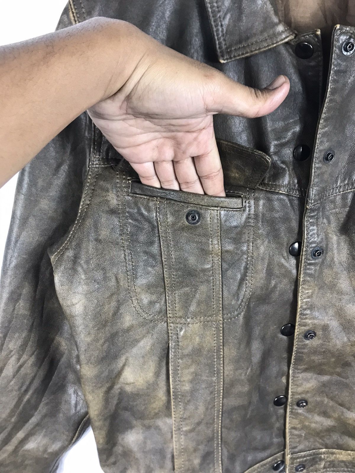 Japanese Brand × Vintage ⚡️Vintage Cross-Way Distressed Faded Leather Trucker Jacket Size XS / US 0-2 / IT 36-38 - 7 Thumbnail