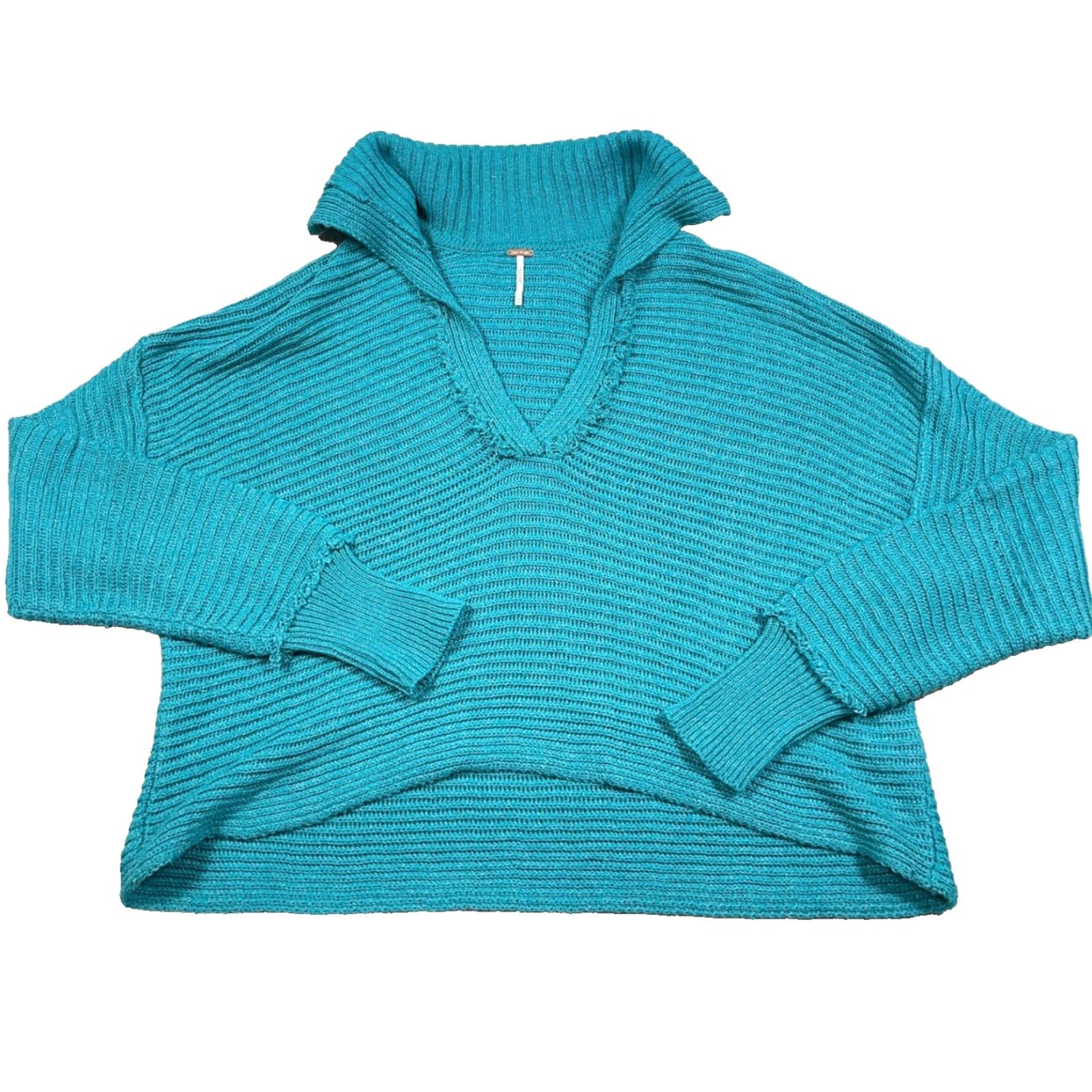 Free People VINTAGE Free People Marlie Sweater Shirt Women M Teal Slouchy Knit Drop Shoulder Collared Oversized Fringe 90s Bohemian Retro University Casual Size M / US 6-8 / IT 42-44 - 2 Thumbnail