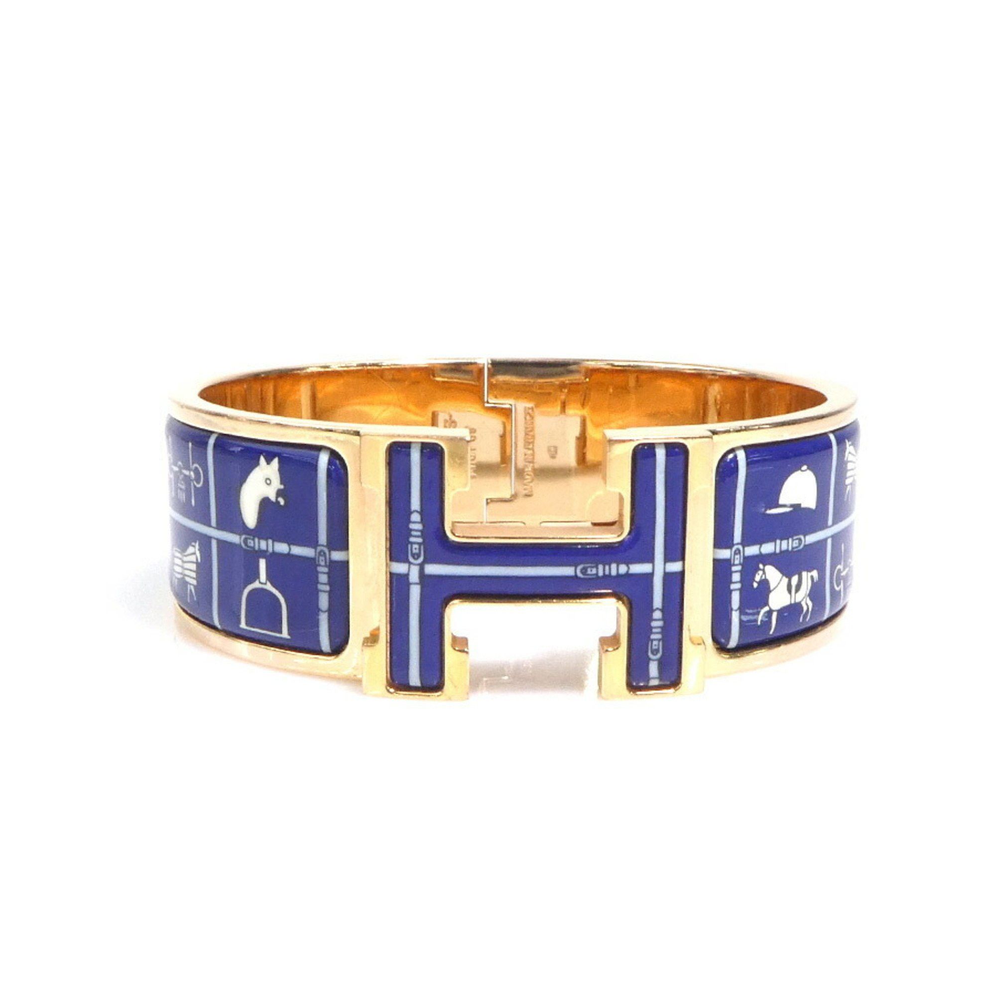Hermes Hermes Hermès Click-Clack Bangle Bracelet in Metal, Enamel, Gold, Blue, and Off-White, Women's, e61067a Size ONE SIZE - 1 Thumbnail