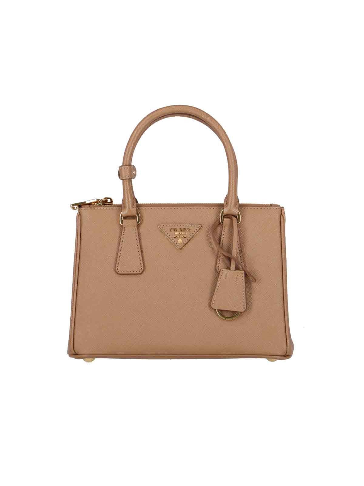 image of Prada Logo Galleria Leather Bag in Beige, Women's