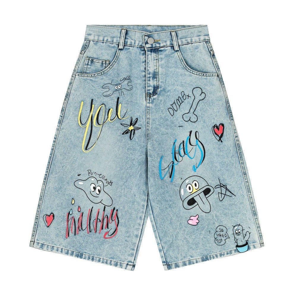 Jean Men's punk loose distressed cartoon graffiti denim shorts Size US 32 / EU 48 - 1 Thumbnail