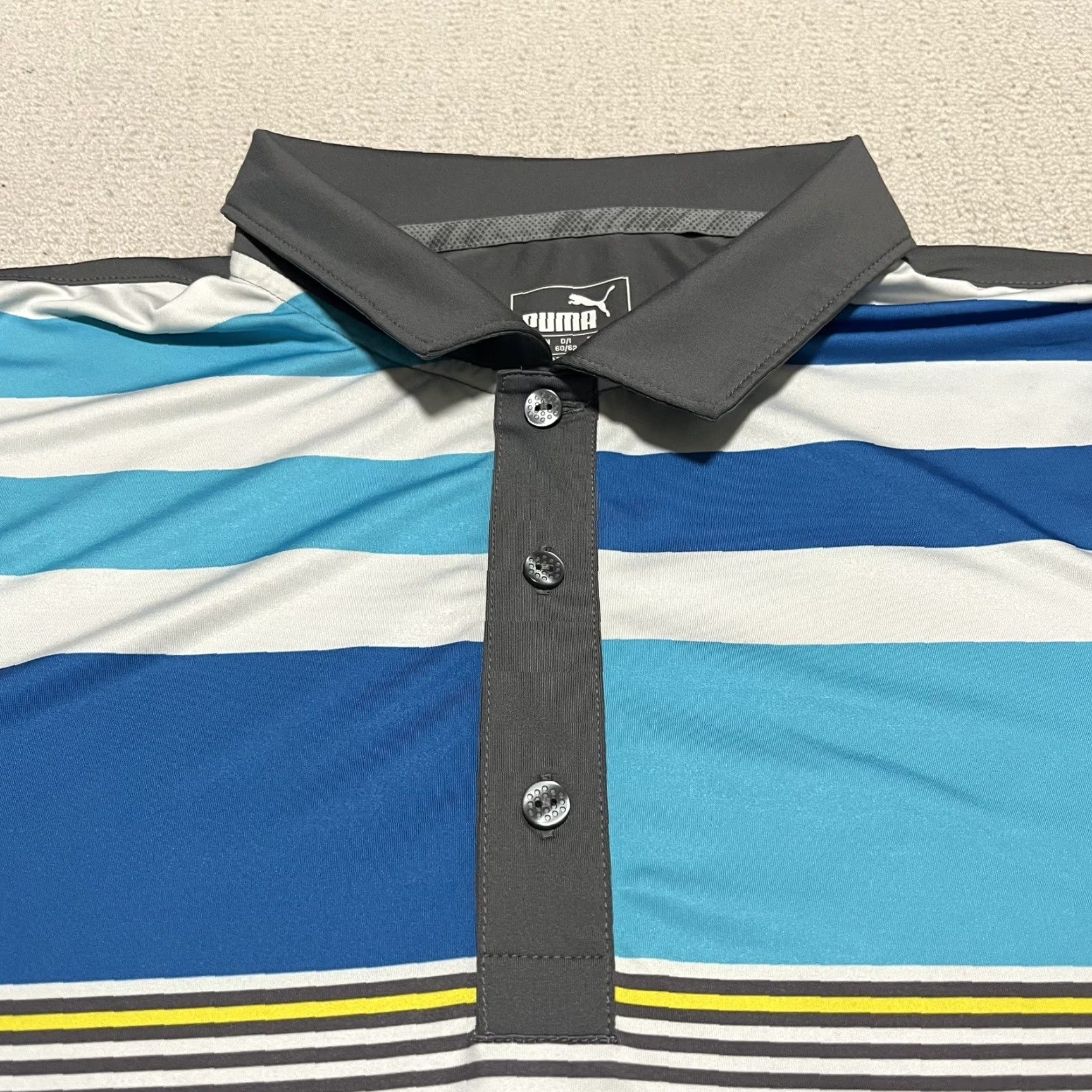 Puma Puma Golf Polo Shirt Mens XL Gray Blue Yellow Stretch Stripe Way 1 SE Polo Sport Golf Size US XL / EU 56 / 4 - 2 Thumbnail