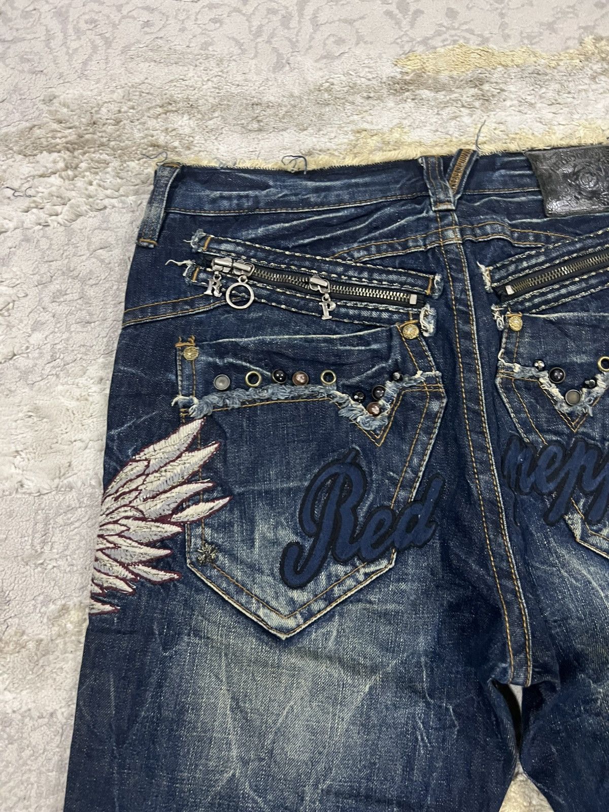 If Six Was Nine Y2K Red Pepper Embroidery Wing Studded Fade Wash Jeans Denim Size US 30 / EU 46 - 4 Thumbnail