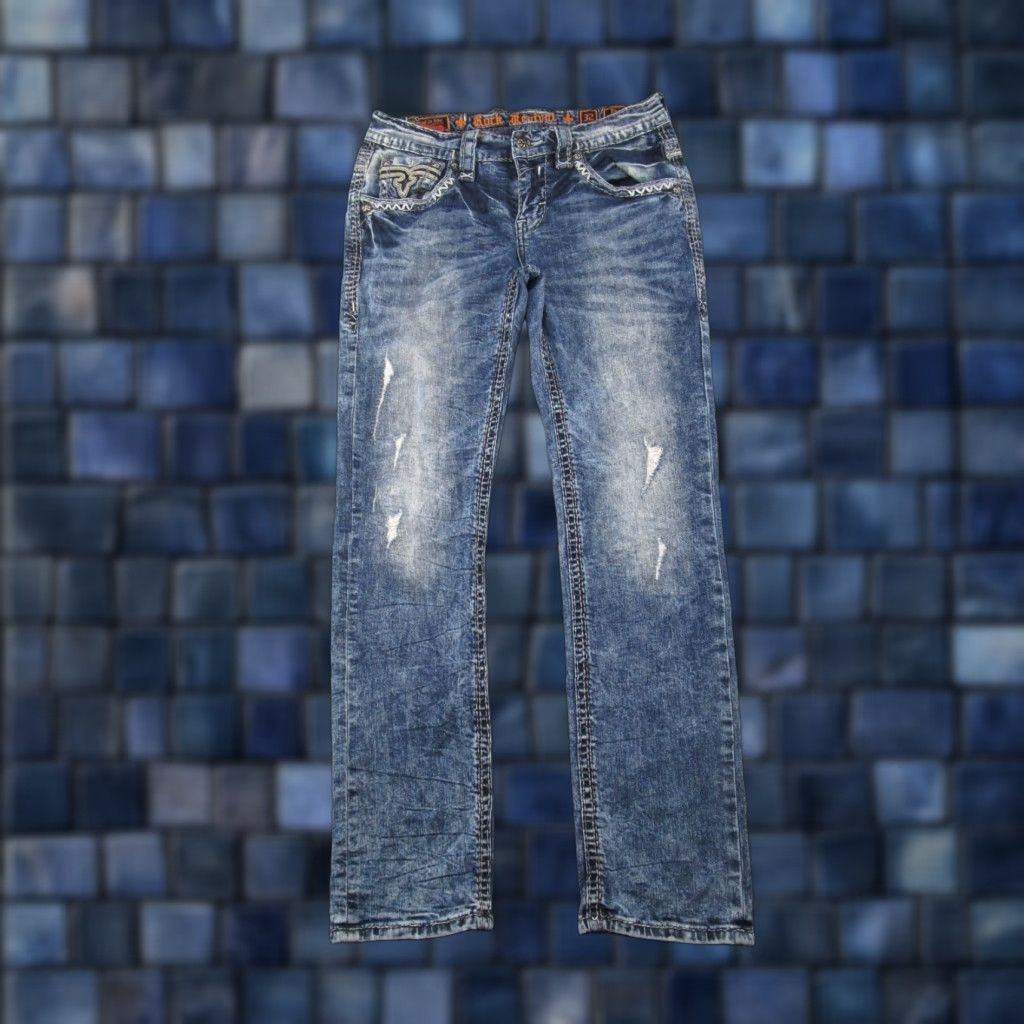 Vintage Rock Revival Eben Jeans Men’s 32x31.5 Straight Distressed Medium Wash Denim Size US 32 / EU 48 - 1 Thumbnail