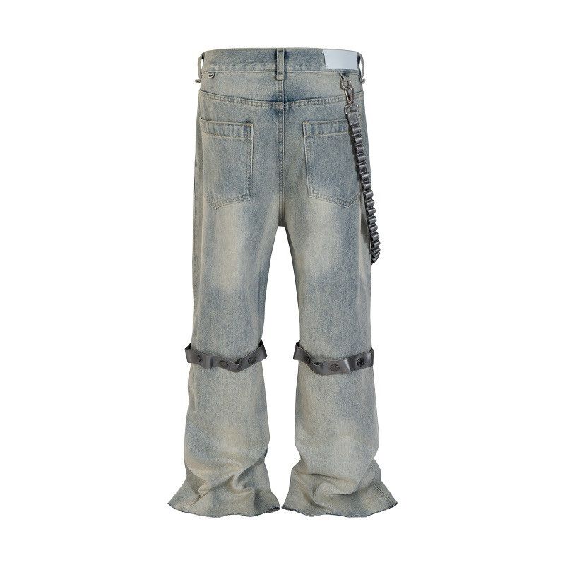 Leather × Vintage Raw Hem Rustic Burr Jeans Removable Leather Strap Size US 33 - 10 Thumbnail