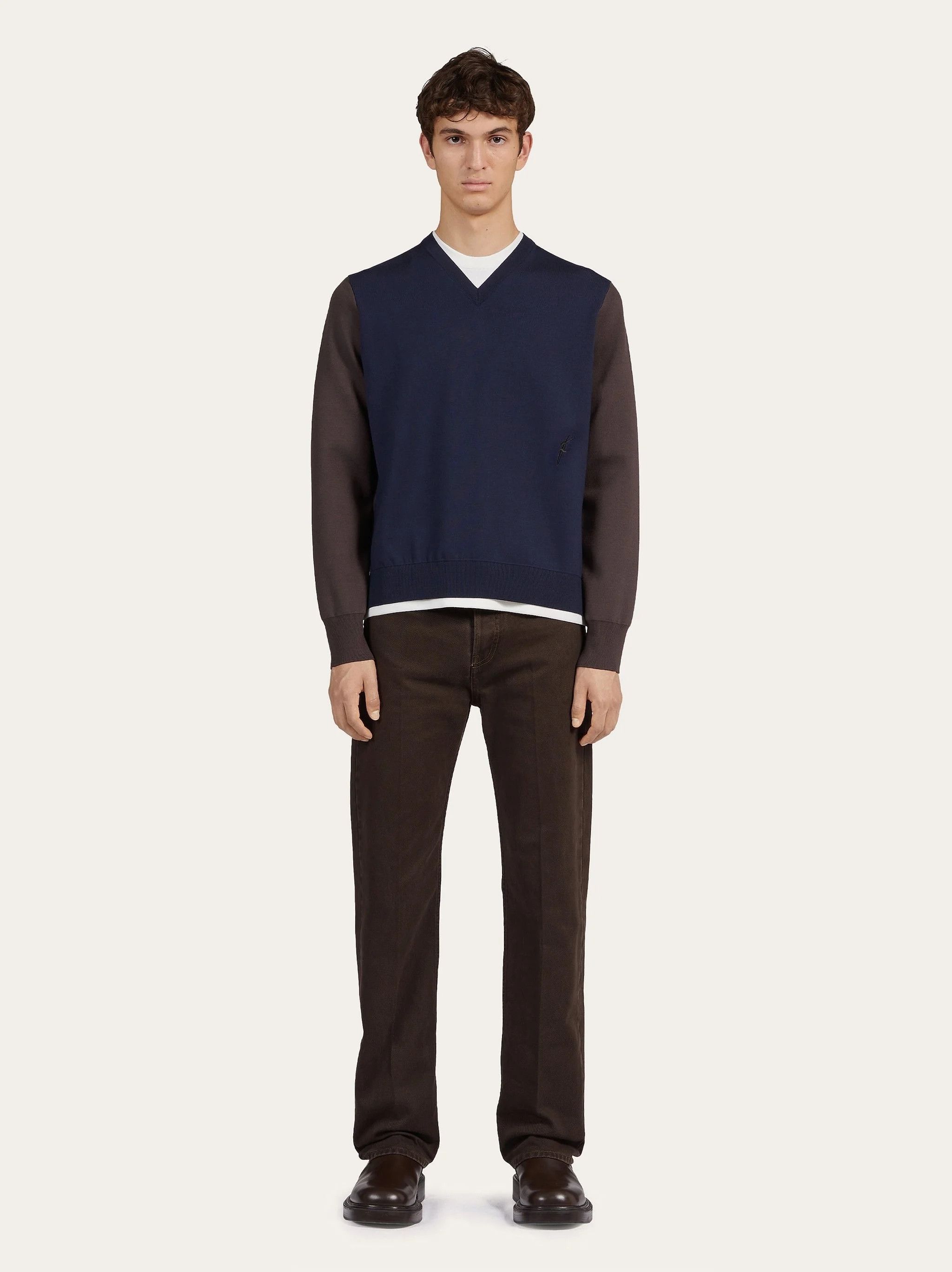 Salvatore Ferragamo o1s1rm0924 Tone V-neck Sweater in Blue/Brown Size US S / EU 44-46 / 1 - 5 Thumbnail