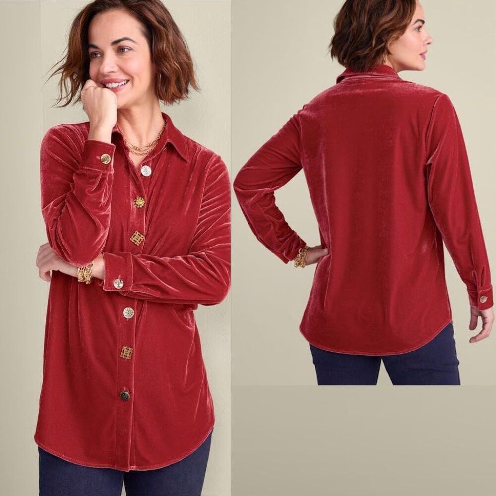 Soft Surroundings Soft Surroundings Red Velvet Button-Up Shirt Mixed Buttons Size M / US 6-8 / IT 42-44 - 1 Thumbnail