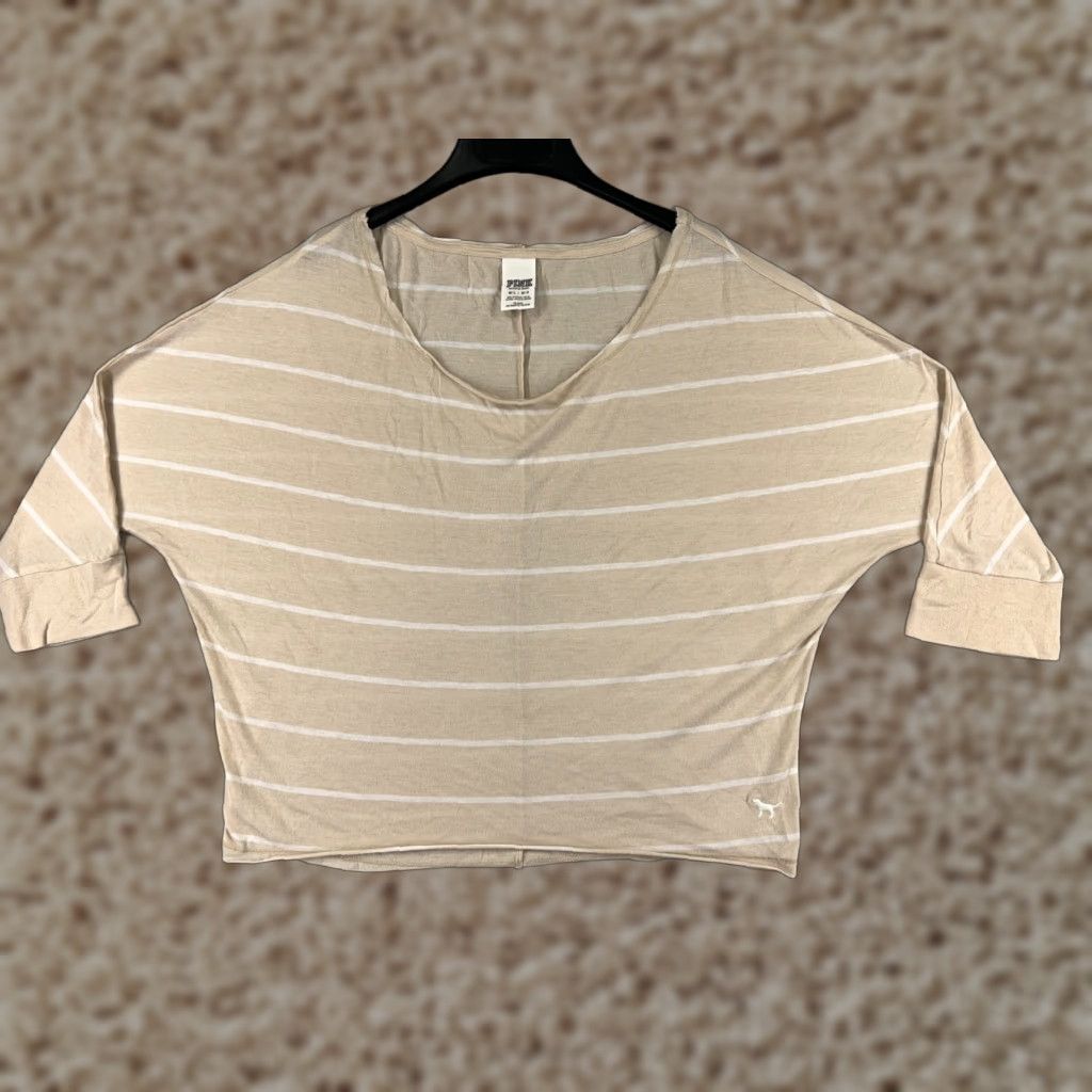 Victoria's Secret Victoria's Secret Women's Crop Shirt Medium Beige Striped Modal Jersey Short Sleeve Pullover Size M / US 6-8 / IT 42-44 - 1 Thumbnail