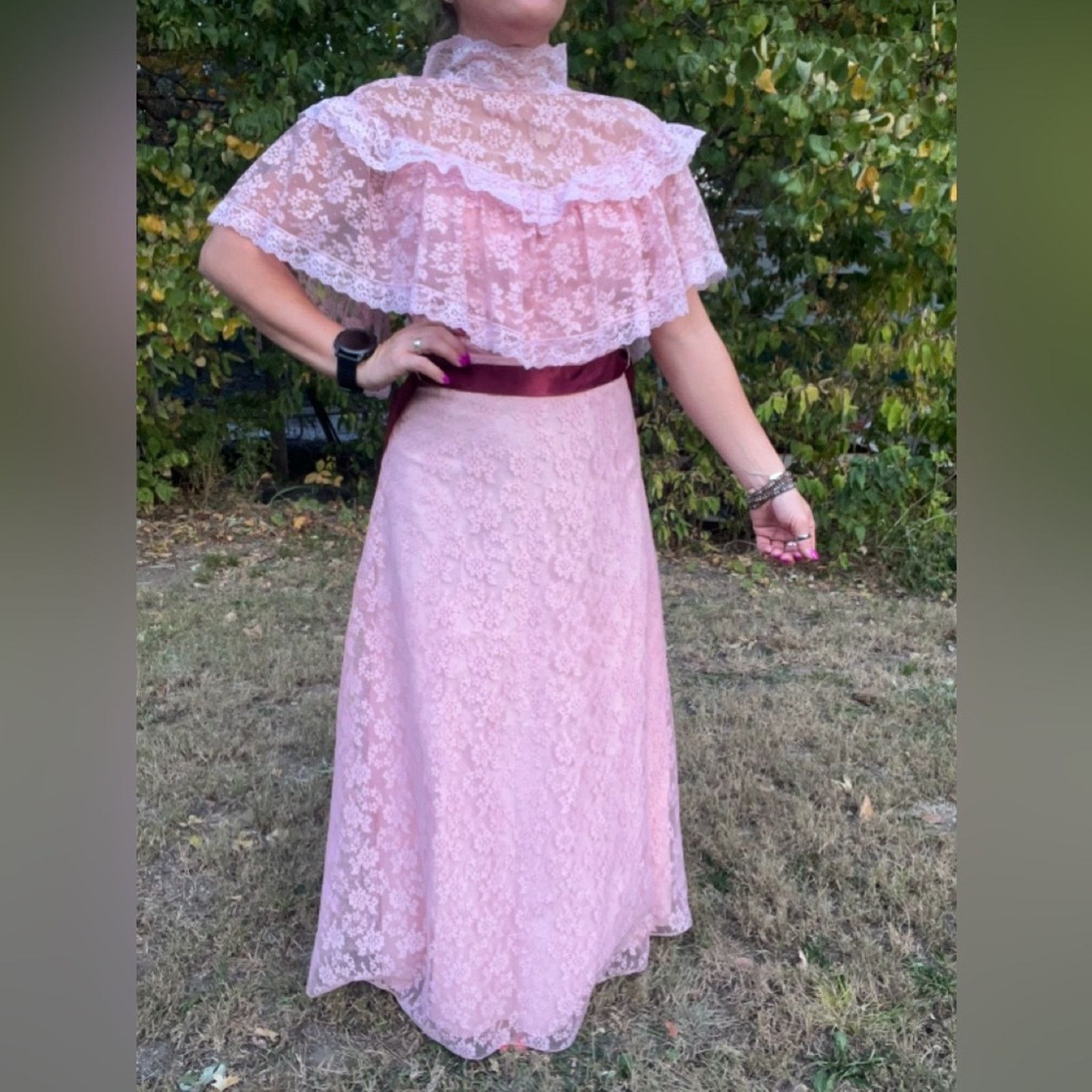 VTG 70s JCPenney pink lace high illusion neck prairie dress