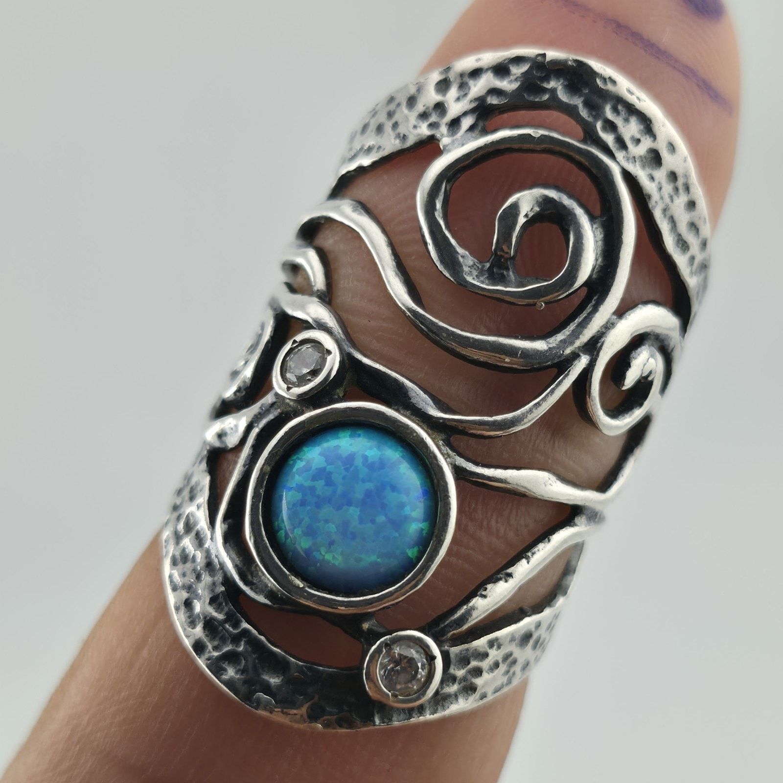 Other Israel Sterling Silver Ring 8 Blue Opal Wide Band Abstract Size ONE SIZE - 2 Thumbnail